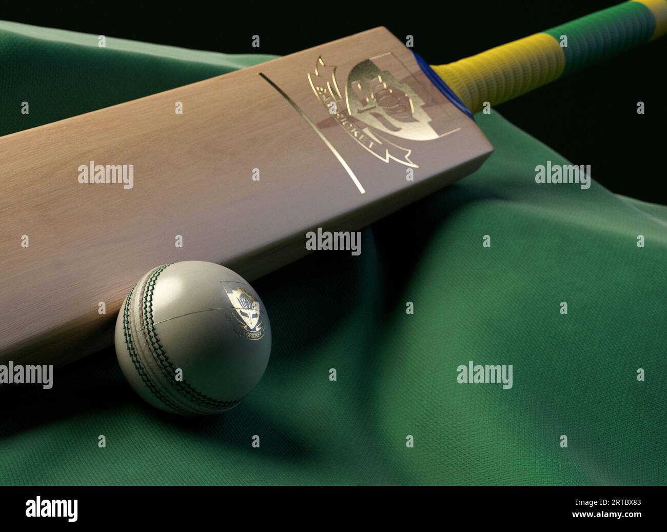 12 settembre 2023 - Bristol, Regno Unito: Una rappresentazione in 3D di una palla da cricket e di una mazza impressa con un logo di cricket sudafricano dorato appoggiato su un telo Foto Stock