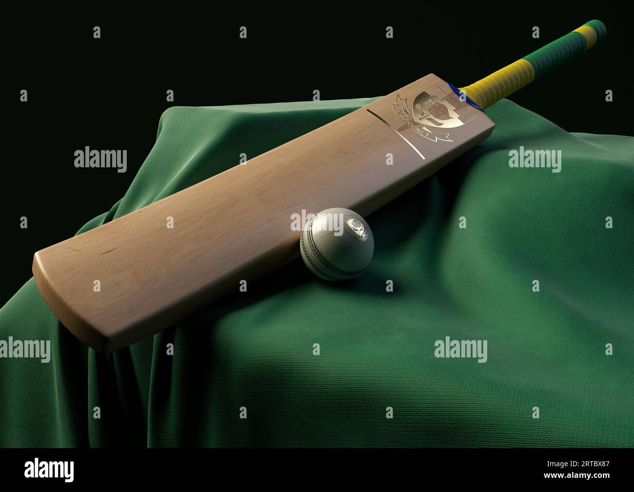 12 settembre 2023 - Bristol, Regno Unito: Una rappresentazione in 3D di una palla da cricket e di una mazza impressa con un logo di cricket sudafricano dorato appoggiato su un telo Foto Stock