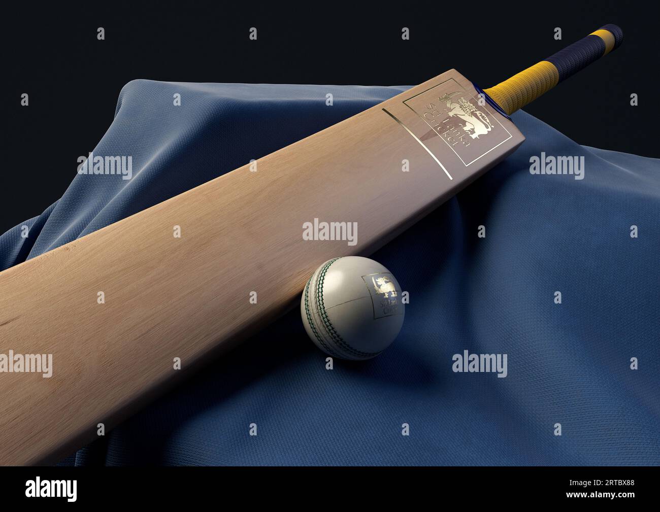 12 settembre 2023 - Bristol, Regno Unito: Una rappresentazione in 3D di una palla da cricket e di una mazza impressa con un logo di cricket dello Sri Lanka dorato appoggiato su una g drappeggiata Foto Stock