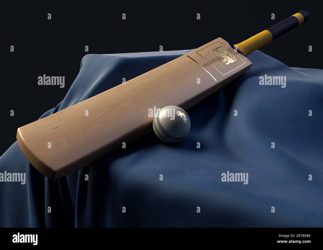 12 settembre 2023 - Bristol, Regno Unito: Una rappresentazione in 3D di una palla da cricket e di una mazza impressa con un logo di cricket dello Sri Lanka dorato appoggiato su una g drappeggiata Foto Stock