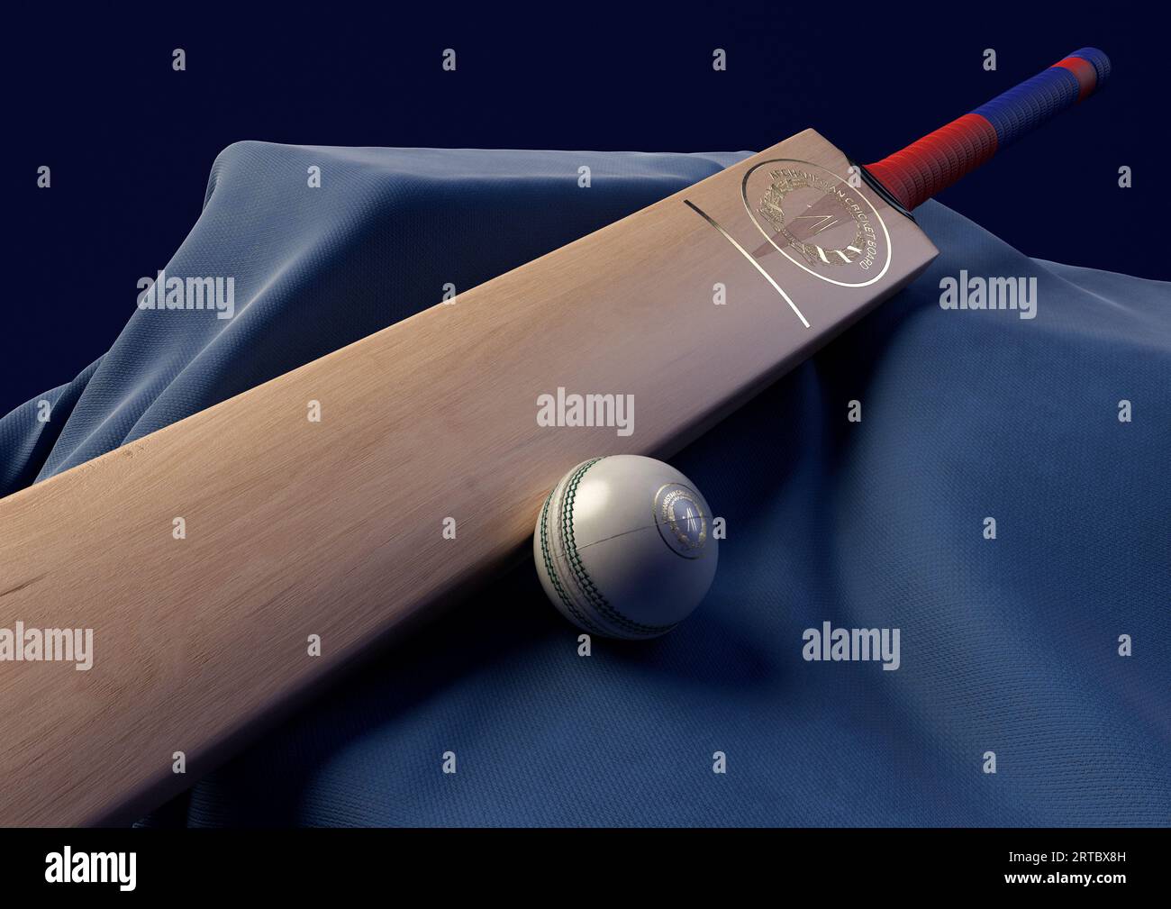 12 settembre 2023 - Bristol, Regno Unito: Una rappresentazione in 3D di una palla da cricket e di una mazza impressa con un logo dorato di cricket afghano appoggiato su un drappello Foto Stock