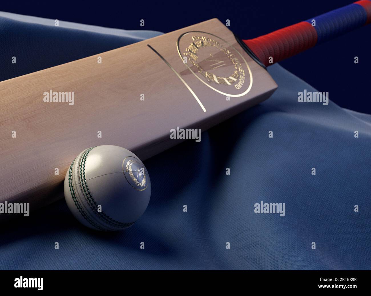 12 settembre 2023 - Bristol, Regno Unito: Una rappresentazione in 3D di una palla da cricket e di una mazza impressa con un logo dorato di cricket afghano appoggiato su un drappello Foto Stock