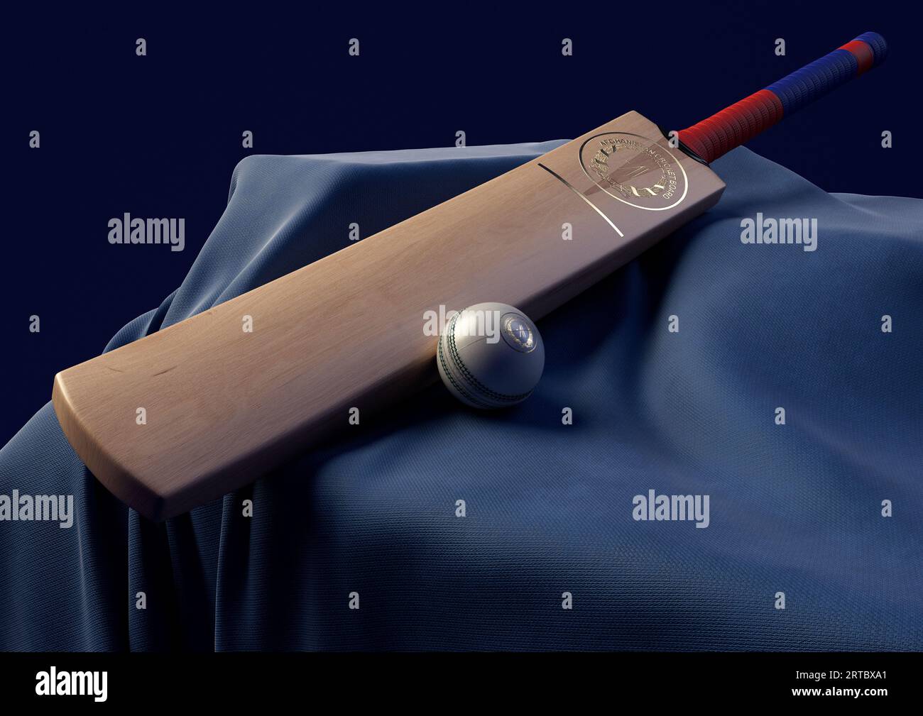 12 settembre 2023 - Bristol, Regno Unito: Una rappresentazione in 3D di una palla da cricket e di una mazza impressa con un logo dorato di cricket afghano appoggiato su un drappello Foto Stock