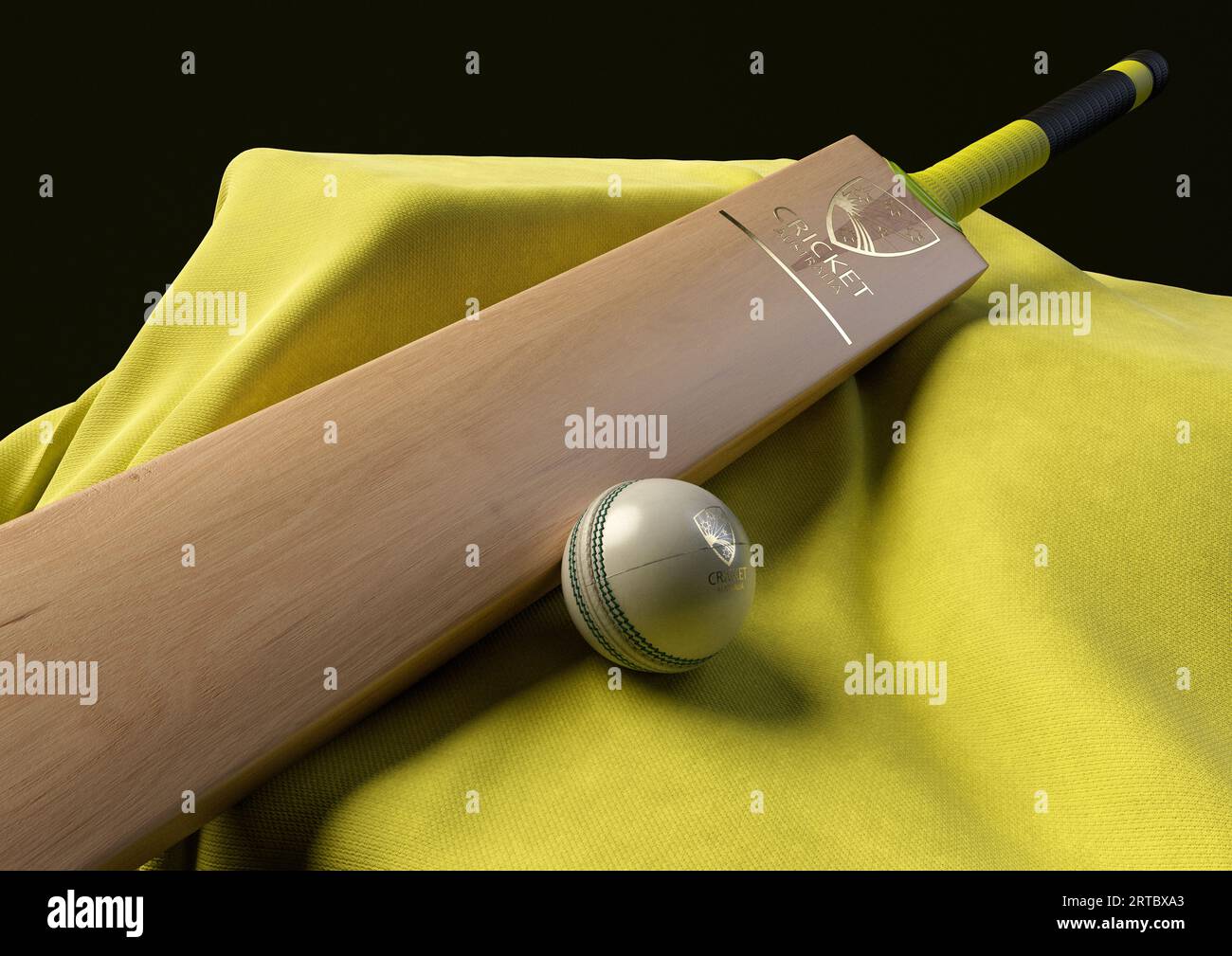 12 settembre 2023 - Bristol, Regno Unito: Una rappresentazione in 3D di una palla da cricket e una mazza impressa con un logo di cricket australiano dorato appoggiato su una y drappeggiata Foto Stock