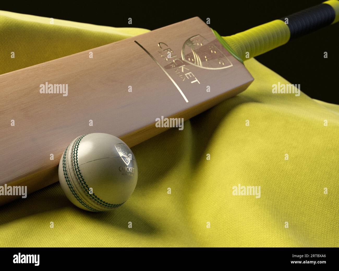 12 settembre 2023 - Bristol, Regno Unito: Una rappresentazione in 3D di una palla da cricket e una mazza impressa con un logo di cricket australiano dorato appoggiato su una y drappeggiata Foto Stock