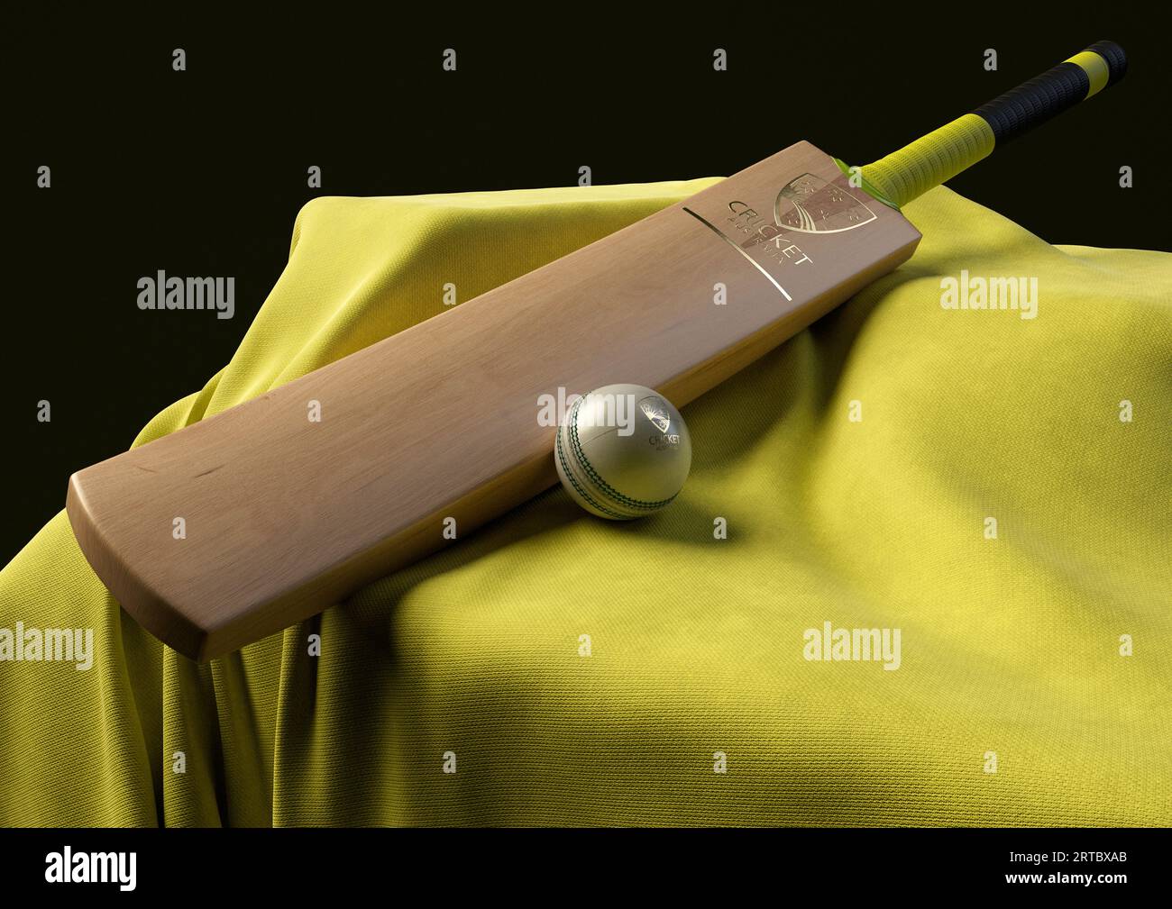 12 settembre 2023 - Bristol, Regno Unito: Una rappresentazione in 3D di una palla da cricket e una mazza impressa con un logo di cricket australiano dorato appoggiato su una y drappeggiata Foto Stock