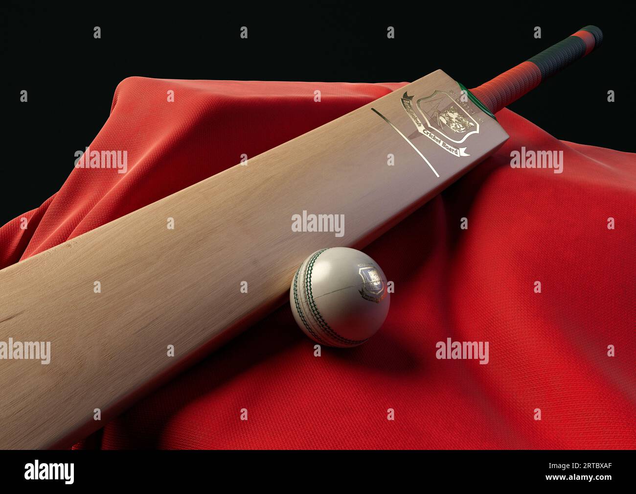 12 settembre 2023 - Bristol, Regno Unito: Una rappresentazione in 3D di una palla da cricket e di una mazza impressa con un logo di cricket bengalese dorato appoggiato su un drappello Foto Stock