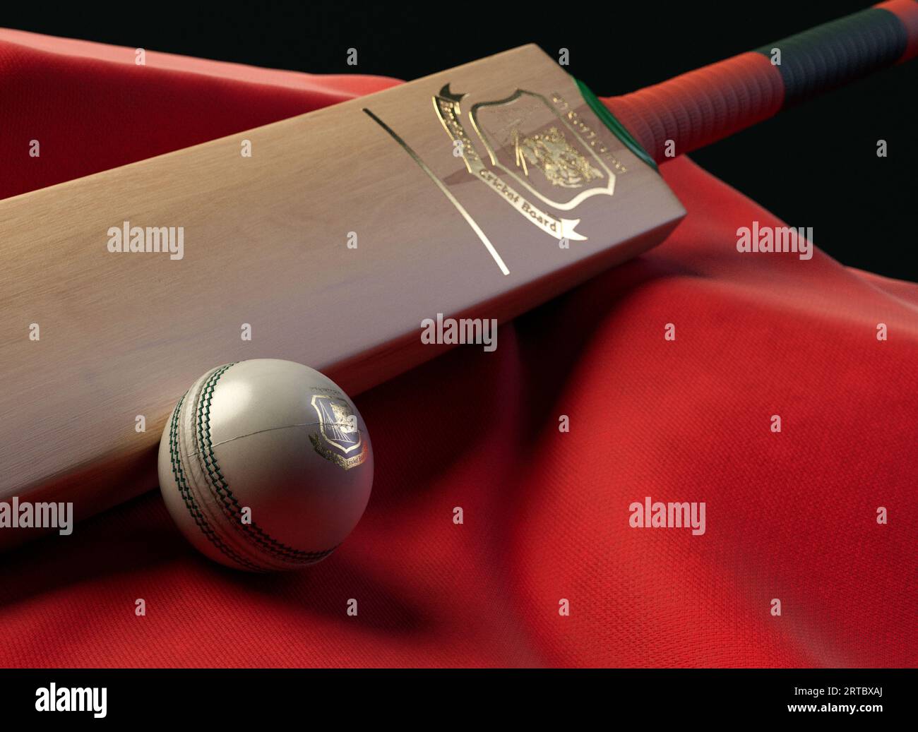 12 settembre 2023 - Bristol, Regno Unito: Una rappresentazione in 3D di una palla da cricket e di una mazza impressa con un logo di cricket bengalese dorato appoggiato su un drappello Foto Stock