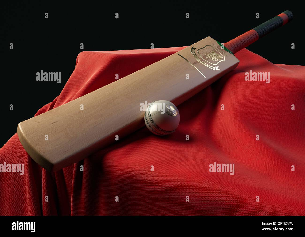 12 settembre 2023 - Bristol, Regno Unito: Una rappresentazione in 3D di una palla da cricket e di una mazza impressa con un logo di cricket bengalese dorato appoggiato su un drappello Foto Stock