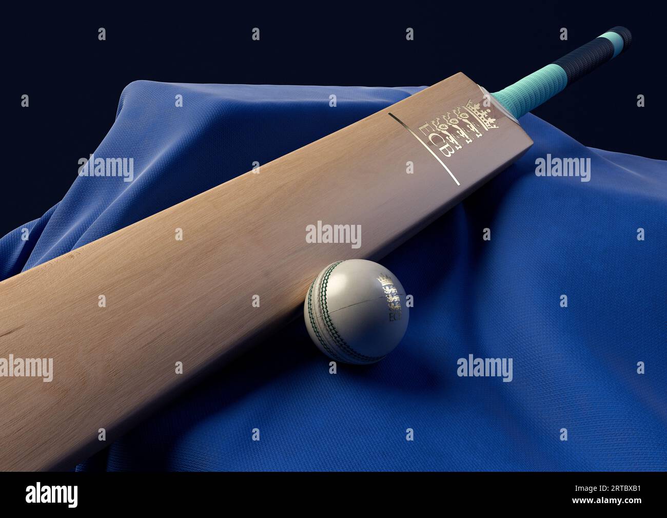 12 settembre 2023 - Bristol, Regno Unito: Una rappresentazione in 3D di una palla da cricket e di una mazza impressa con un logo di cricket inglese dorato appoggiato su un blu drappeggiato Foto Stock