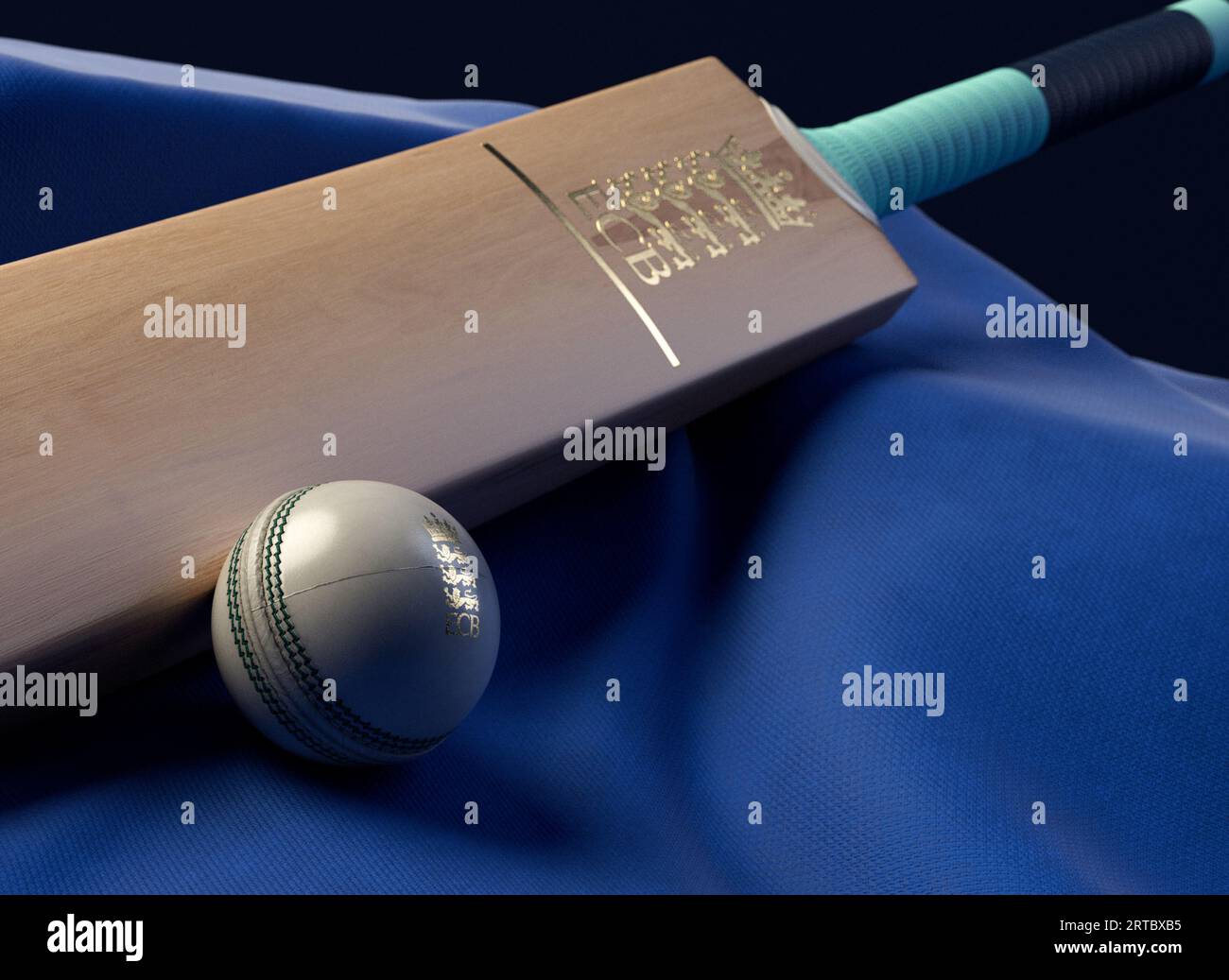 12 settembre 2023 - Bristol, Regno Unito: Una rappresentazione in 3D di una palla da cricket e di una mazza impressa con un logo di cricket inglese dorato appoggiato su un blu drappeggiato Foto Stock