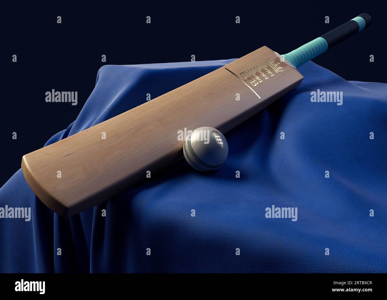 12 settembre 2023 - Bristol, Regno Unito: Una rappresentazione in 3D di una palla da cricket e di una mazza impressa con un logo di cricket inglese dorato appoggiato su un blu drappeggiato Foto Stock