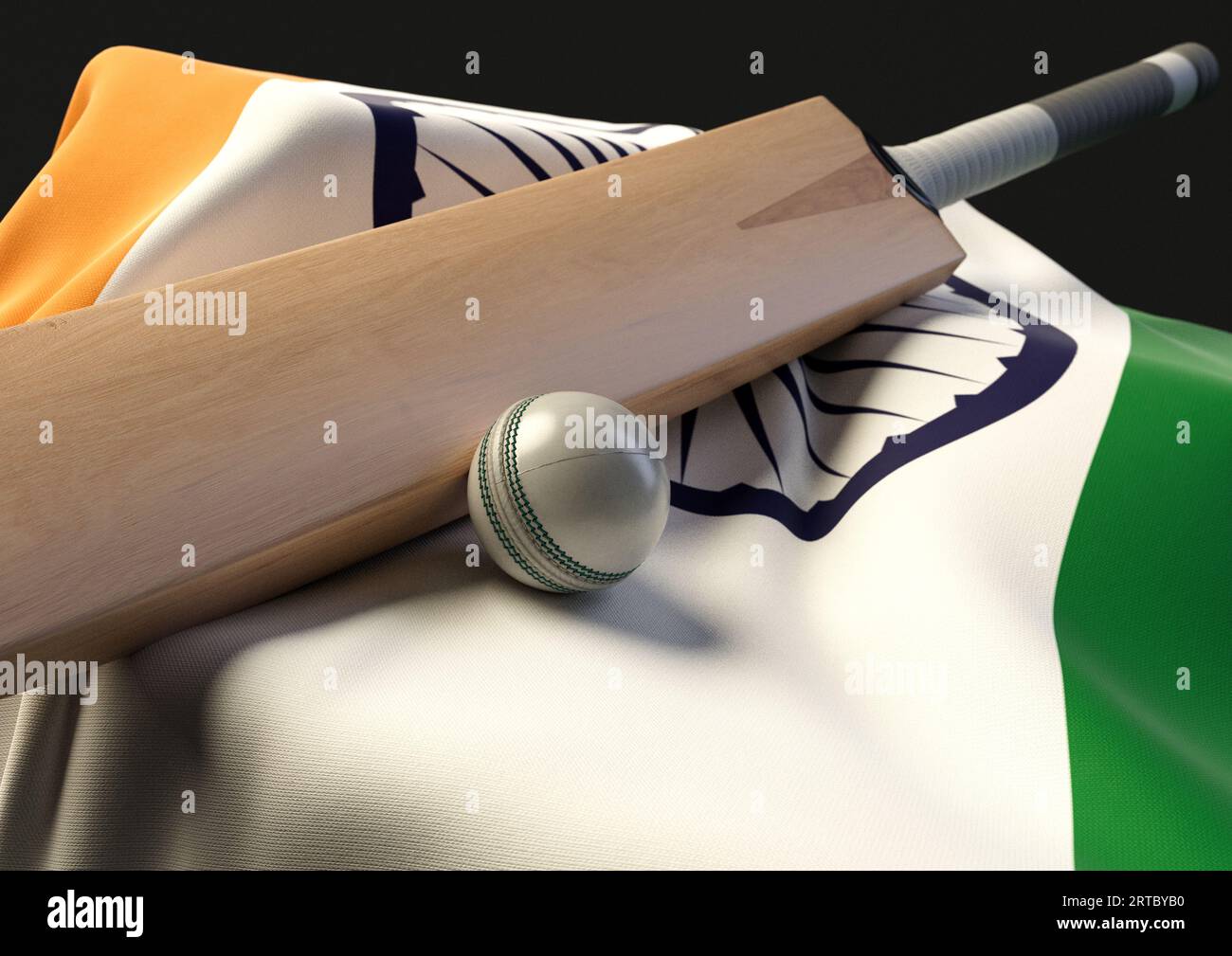 Un supporto con una palla da cricket e una mazza appoggiati su una bandiera drappeggiata dell'India - resa 3D. Foto Stock