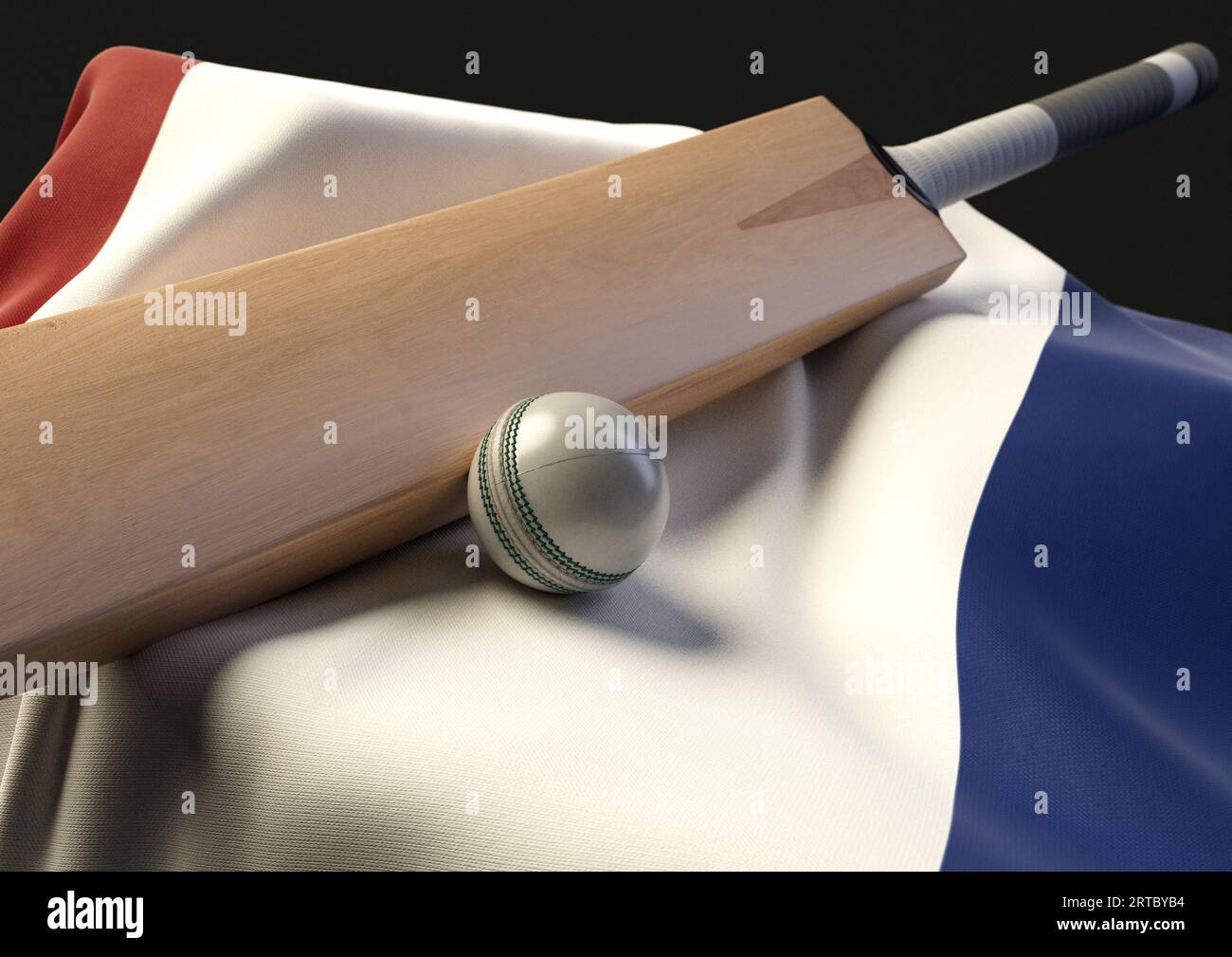 Una base con una palla da cricket e una mazza appoggiate su una bandiera olandese drappeggiata - resa 3D. Foto Stock