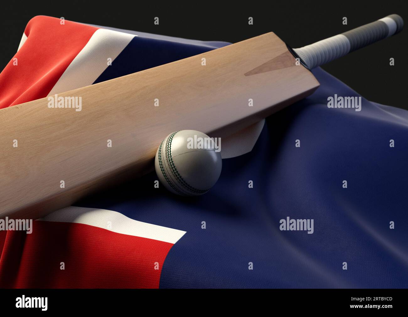 Una base con una palla da cricket e una mazza appoggiate su una bandiera della nuova Zelanda drappeggiata - resa 3D. Foto Stock