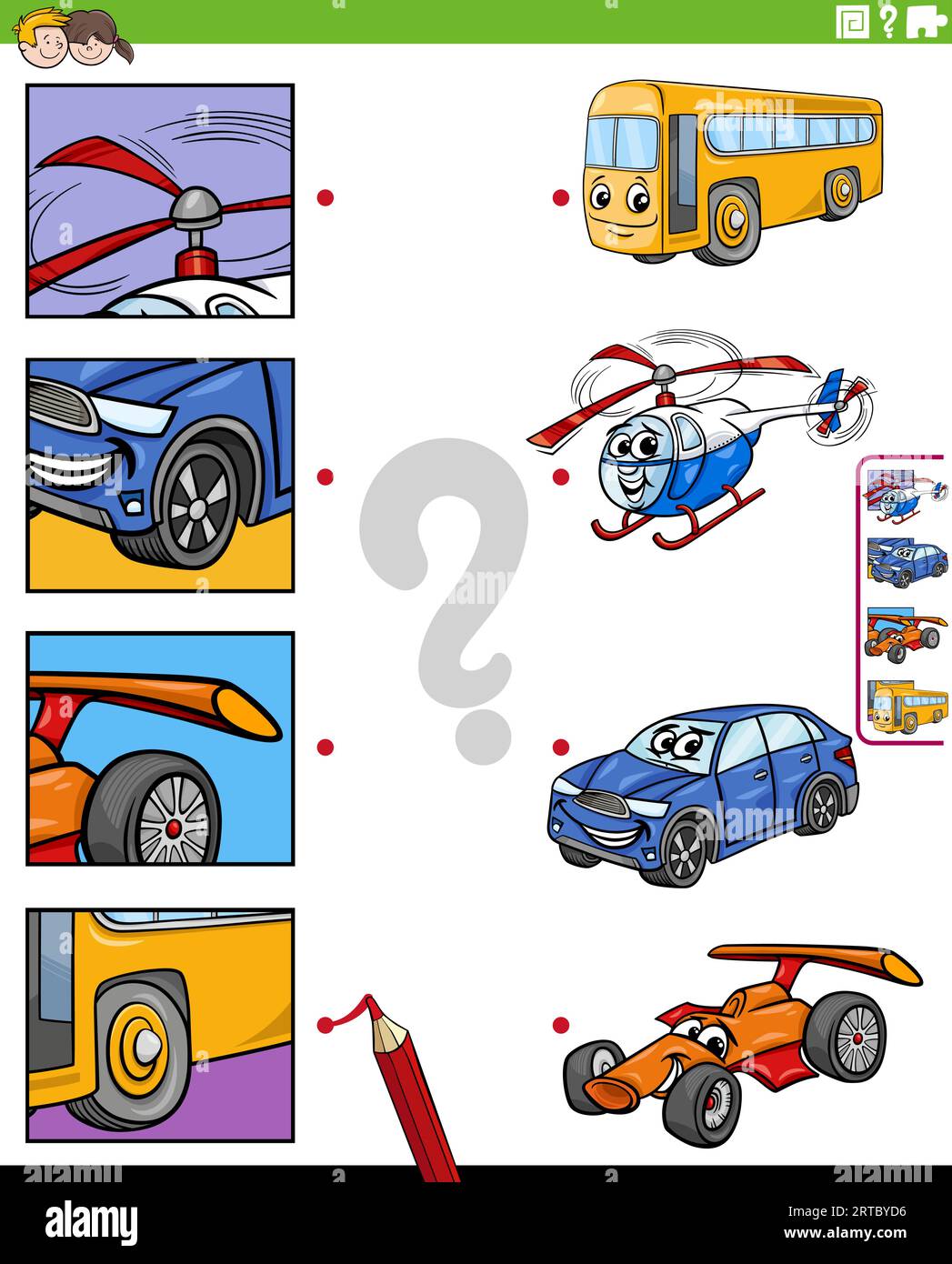 Illustrazione di cartoni animati di attività didattiche di abbinamento con veicoli di trasporto e ritagli di immagini Illustrazione Vettoriale