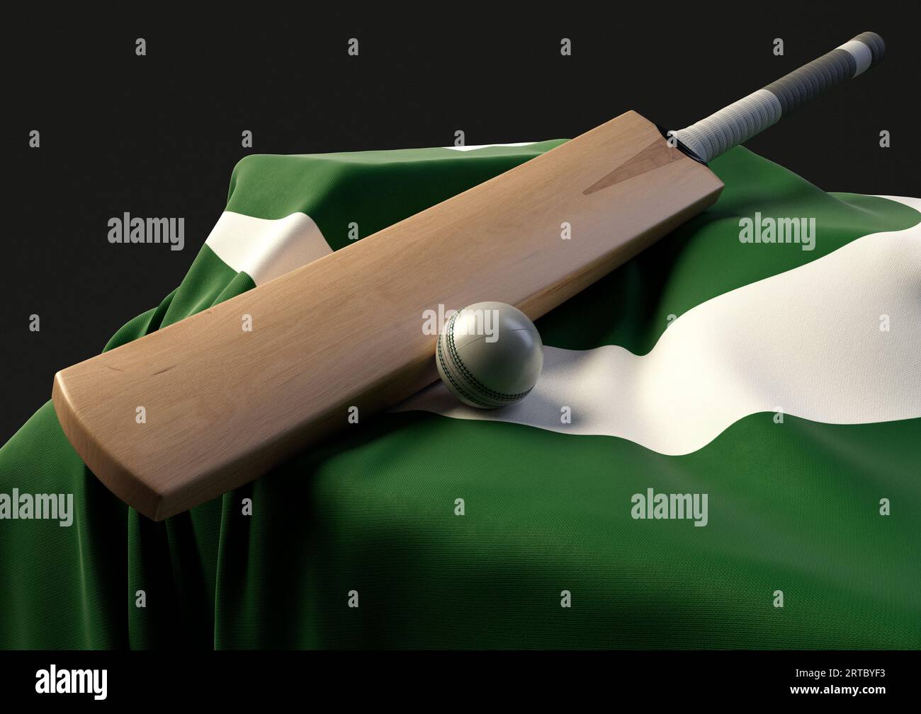 Un supporto con una palla da cricket e una mazza appoggiati su una bandiera pakistana drappeggiata - resa 3D. Foto Stock