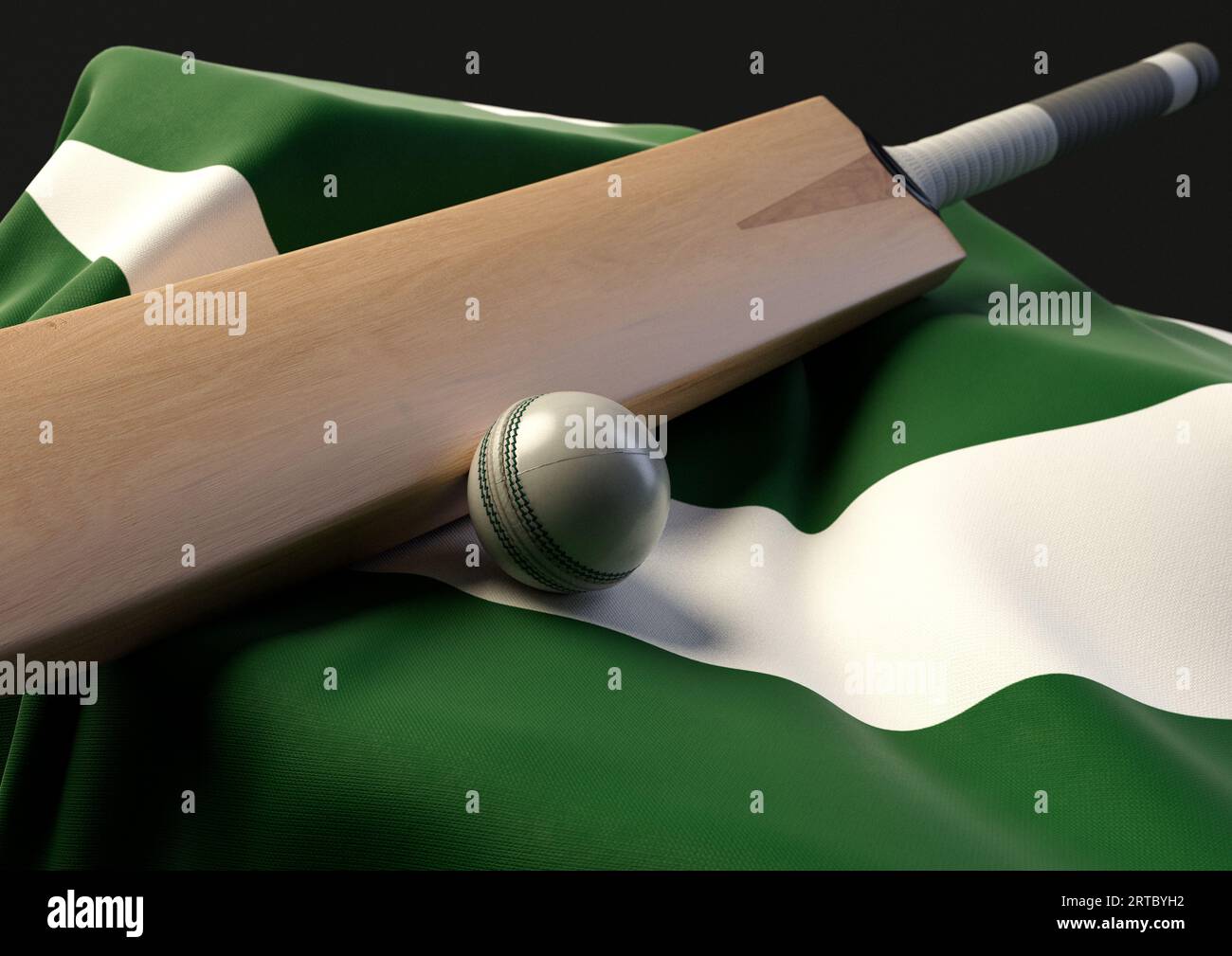 Un supporto con una palla da cricket e una mazza appoggiati su una bandiera pakistana drappeggiata - resa 3D. Foto Stock
