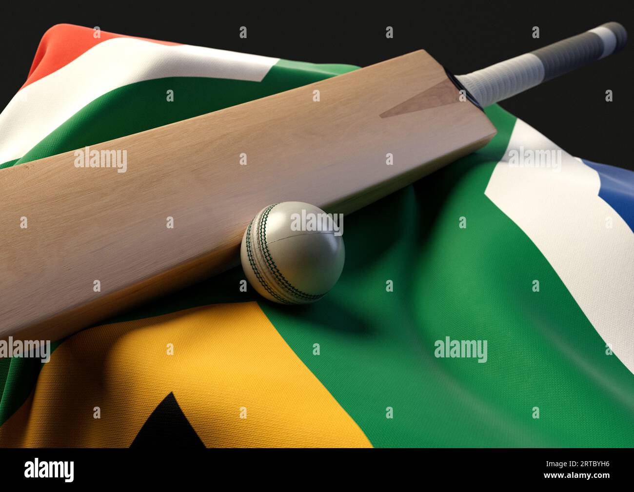 Una base con una palla da cricket e una mazza appoggiate su una bandiera drappeggiata del Sudafrica - resa 3D. Foto Stock