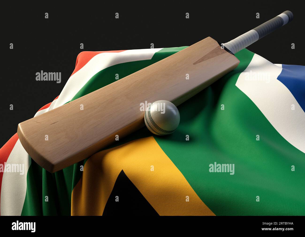 Una base con una palla da cricket e una mazza appoggiate su una bandiera drappeggiata del Sudafrica - resa 3D. Foto Stock