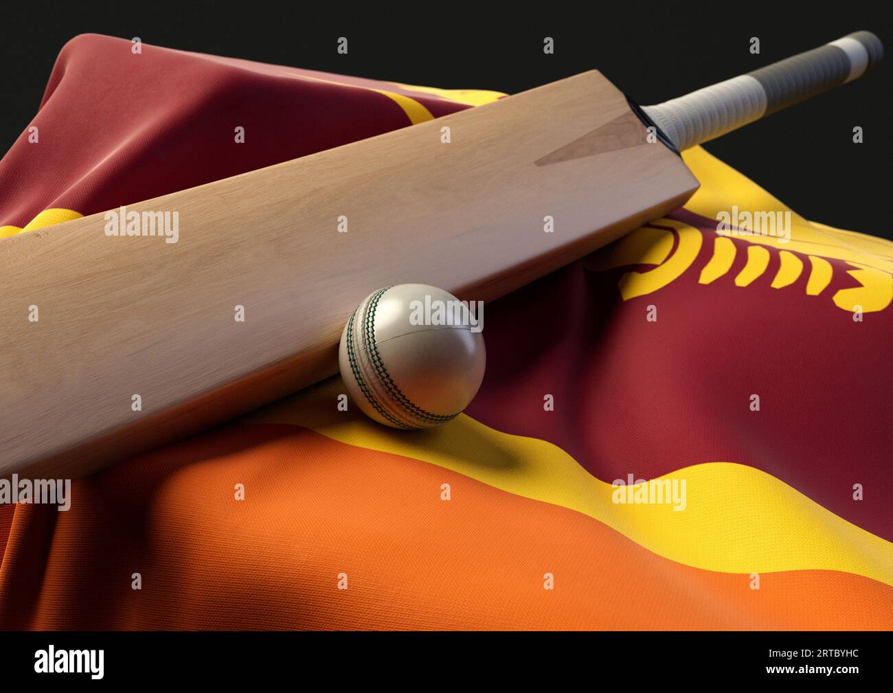 Una base con una palla da cricket e una mazza appoggiate su una bandiera drappeggiata dello Sri Lanka - resa 3D. Foto Stock