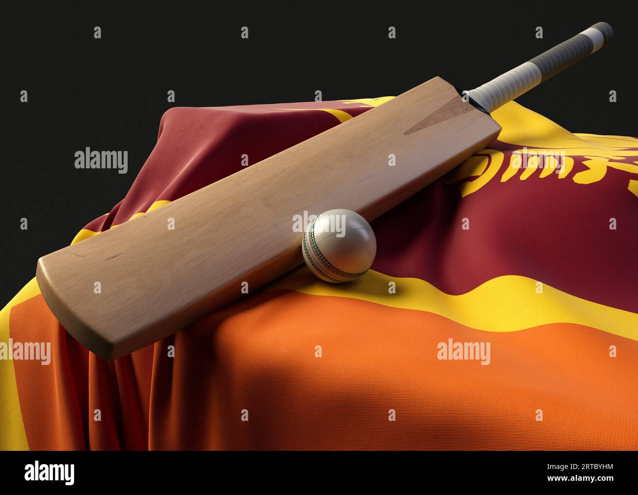 Una base con una palla da cricket e una mazza appoggiate su una bandiera drappeggiata dello Sri Lanka - resa 3D. Foto Stock