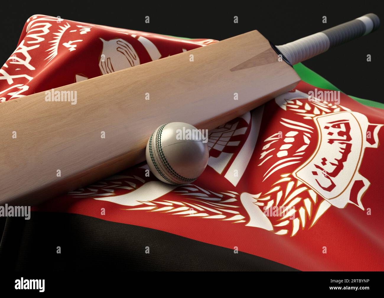 Un supporto con una palla da cricket e una mazza appoggiati su una bandiera afghana drappeggiata - resa in 3D. Foto Stock