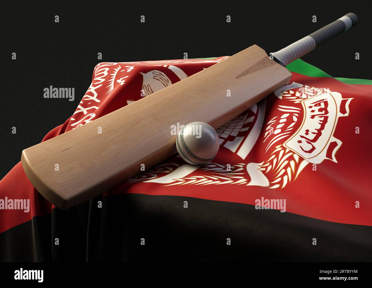 Un supporto con una palla da cricket e una mazza appoggiati su una bandiera afghana drappeggiata - resa in 3D. Foto Stock