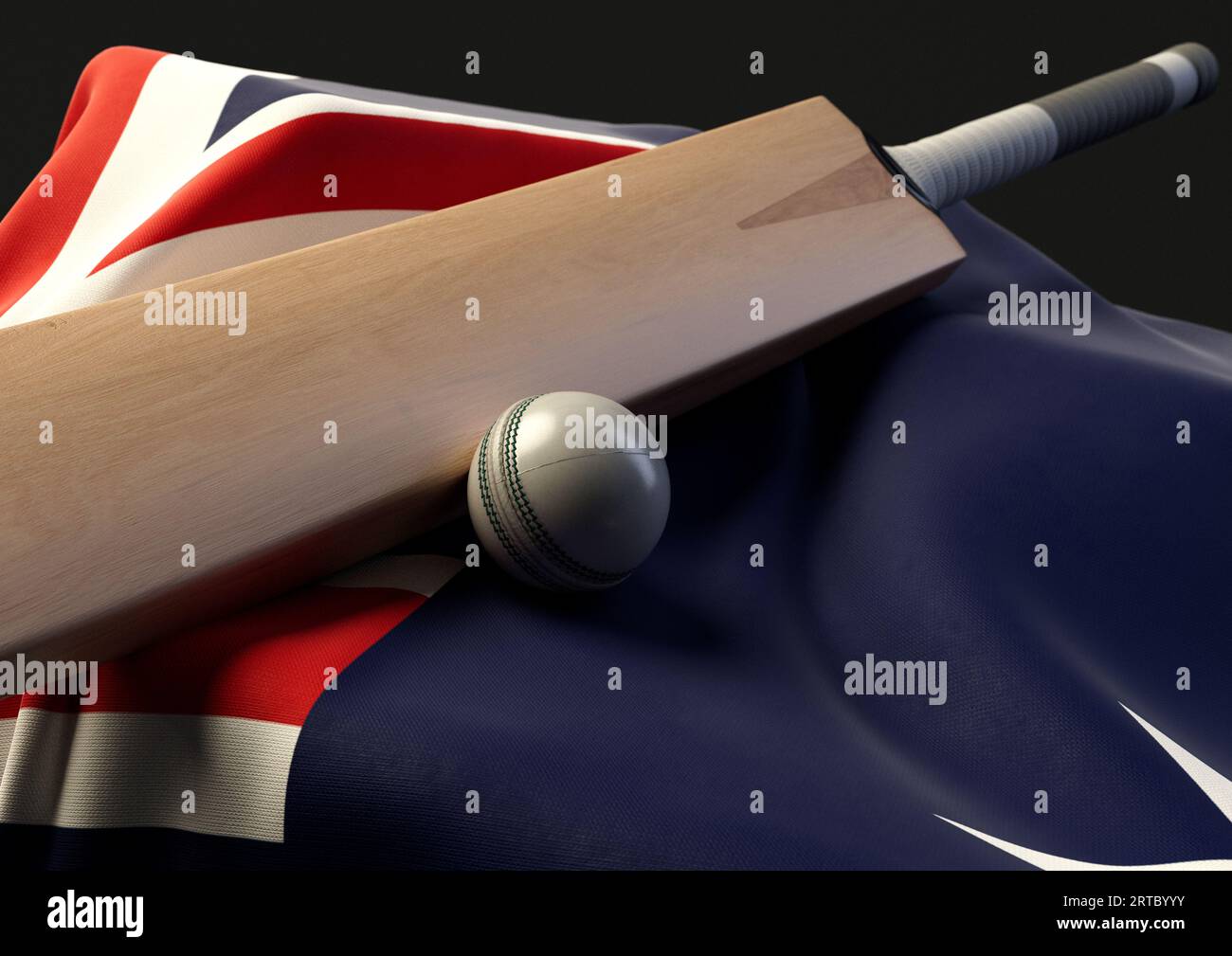 Un supporto con una palla da cricket e una mazza appoggiati su una bandiera australiana drappeggiata - resa 3D. Foto Stock
