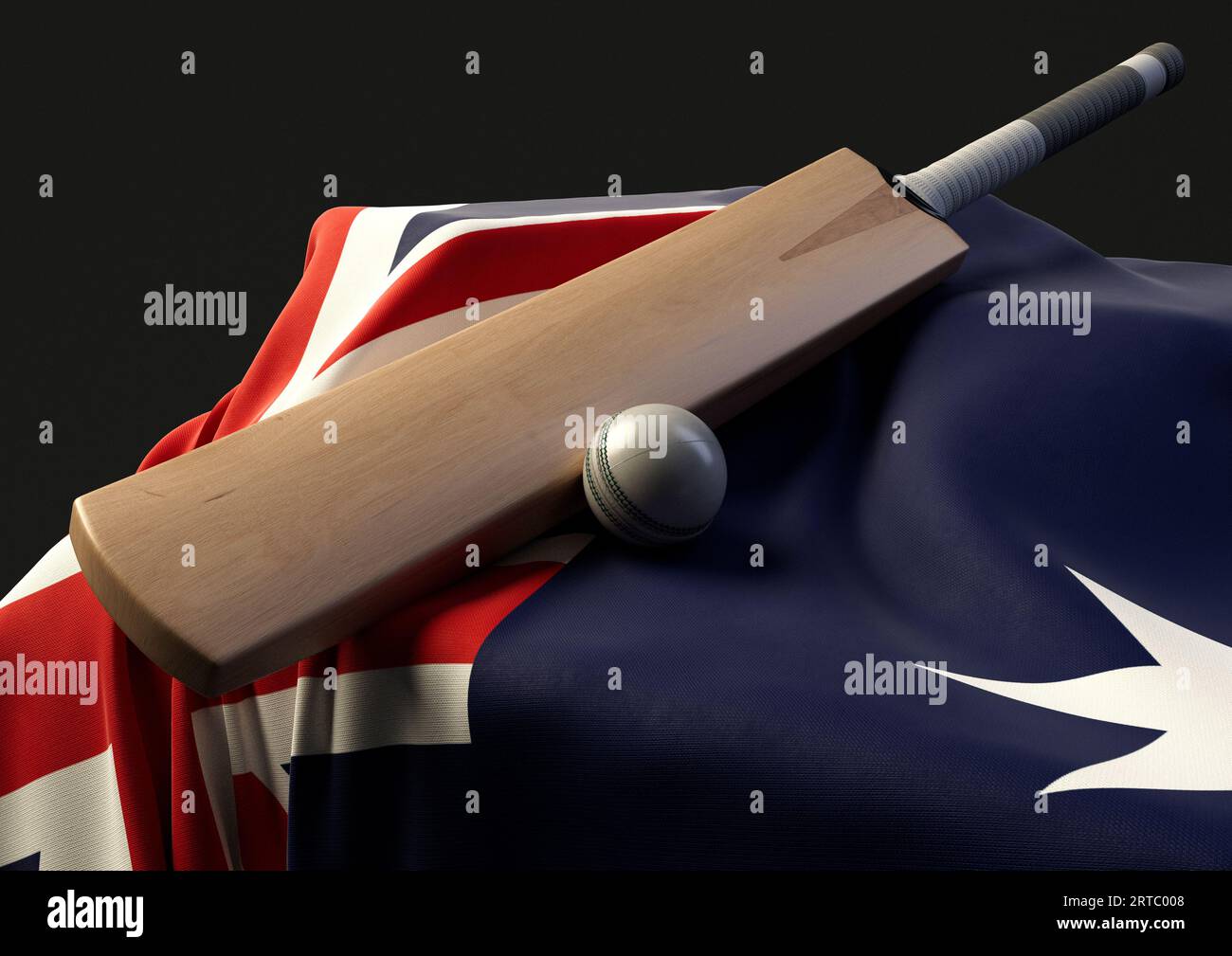 Un supporto con una palla da cricket e una mazza appoggiati su una bandiera australiana drappeggiata - resa 3D. Foto Stock