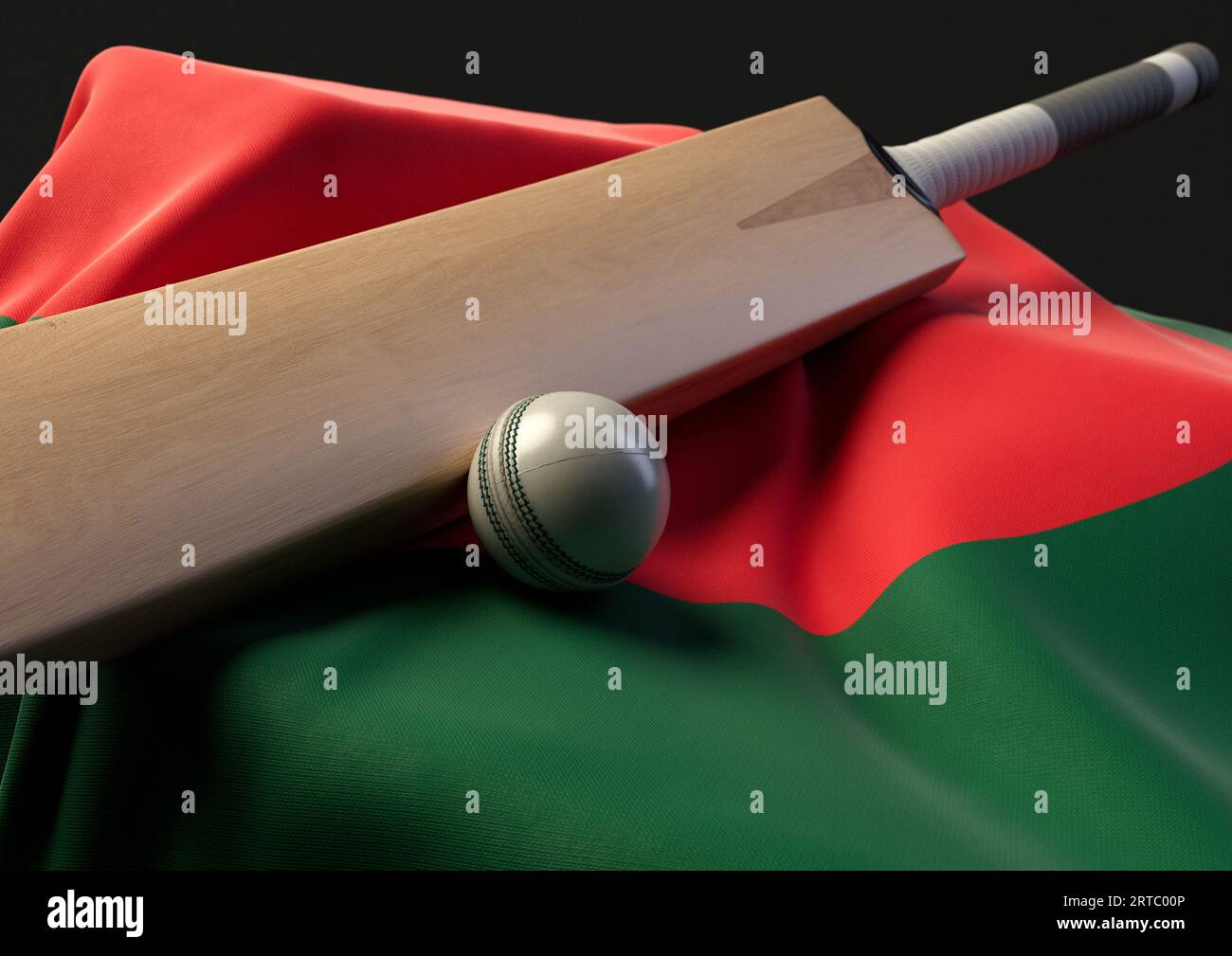 Un supporto con una palla da cricket e una mazza appoggiati su una bandiera bengalese drappeggiata - rendering 3D. Foto Stock
