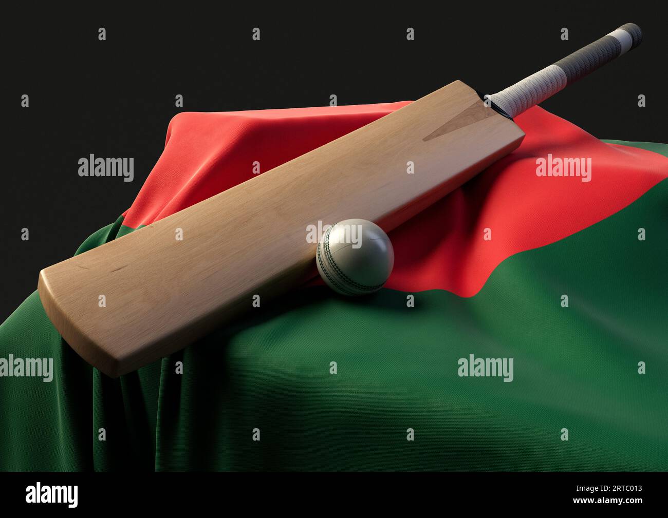 Un supporto con una palla da cricket e una mazza appoggiati su una bandiera bengalese drappeggiata - rendering 3D. Foto Stock