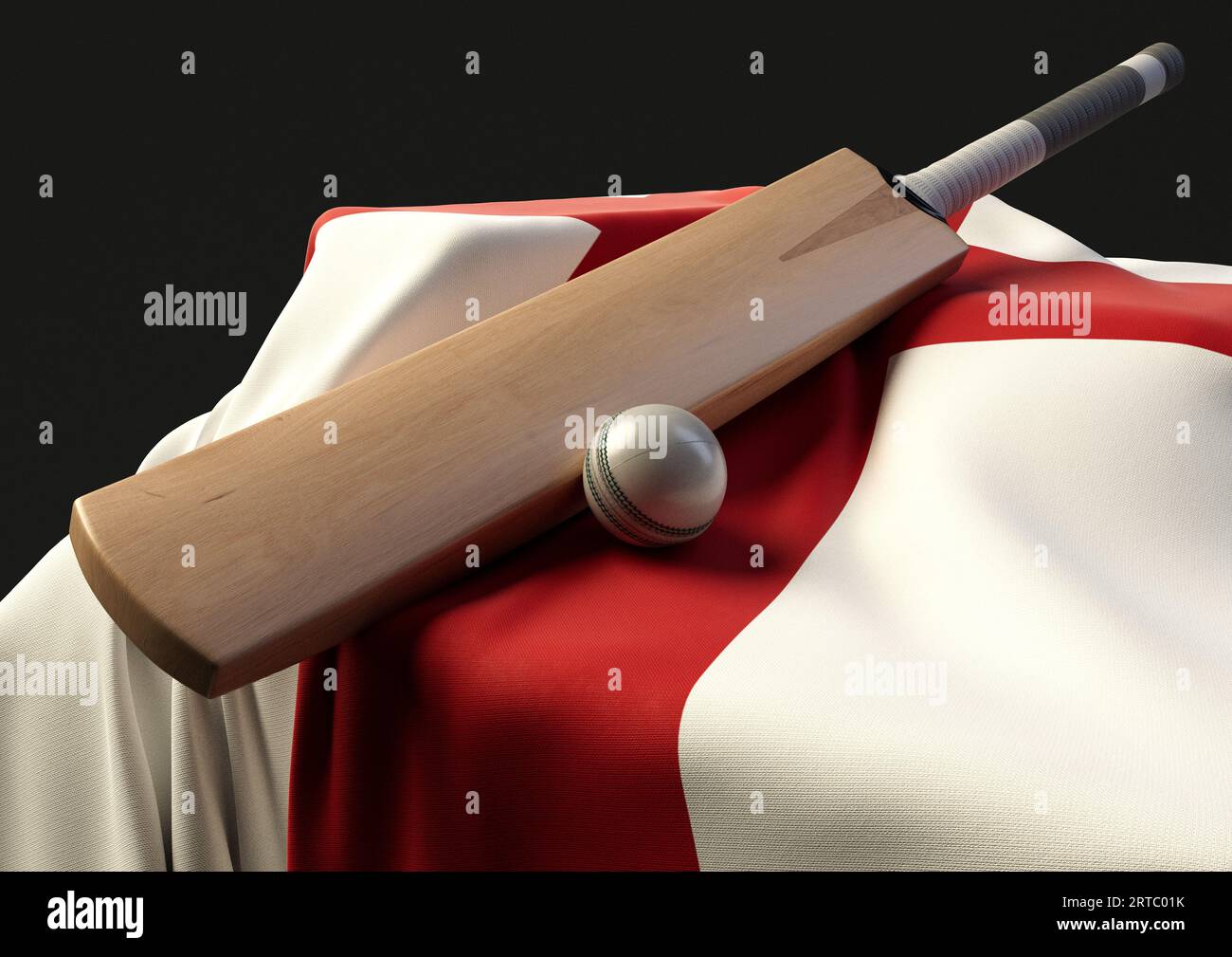 Una base con una palla da cricket e una mazza appoggiate su una bandiera drappeggiata dell'Inghilterra - resa 3D. Foto Stock
