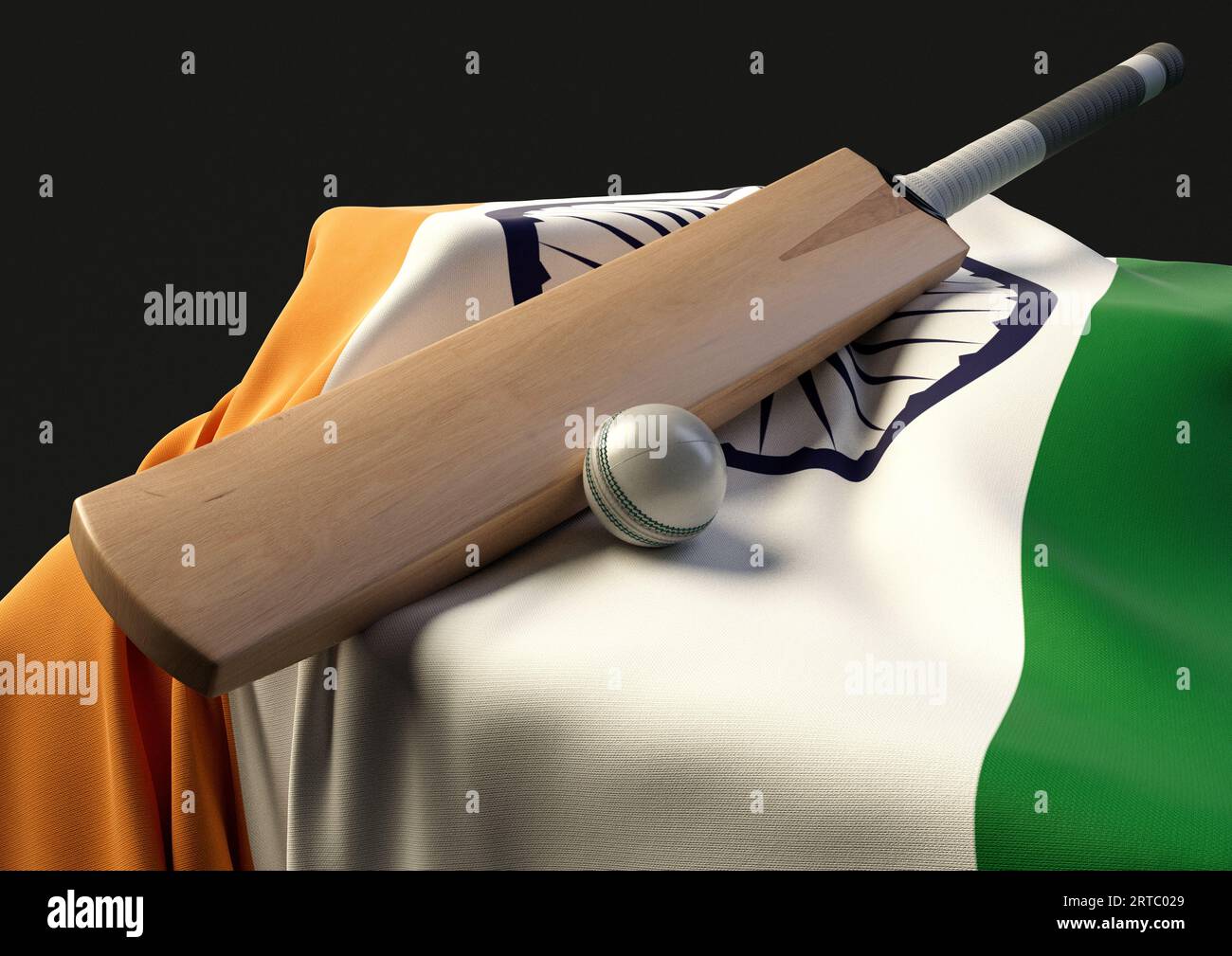 Un supporto con una palla da cricket e una mazza appoggiati su una bandiera drappeggiata dell'India - resa 3D. Foto Stock