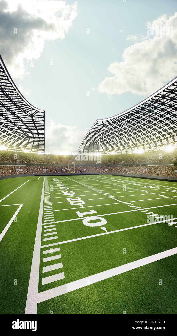 Angolo vide dello stadio di calcio affollato con erba verde. Stadio di football americano con i tifosi illuminati dai riflettori in attesa della partita. rendering 3d. Foto Stock