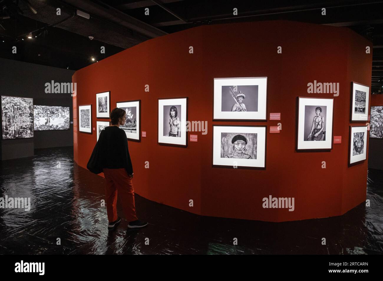 Madrid, Spagna. 12 settembre 2023. Un visitatore durante l'inaugurazione della mostra AMAZONIA di Sebastiao Salgado a Fernan Gomez Centro Cultural de la Villa di Madrid. Sebastiao Salgado ha intrapreso un viaggio fotografico e umano per sette anni che lo ha portato a scoprire le aree più remote della giungla amazzonica e dei suoi abitanti, mostrando più di 200 fotografie in bianco e nero nella mostra. Crediti: Marcos del Mazo/Alamy Live News Foto Stock