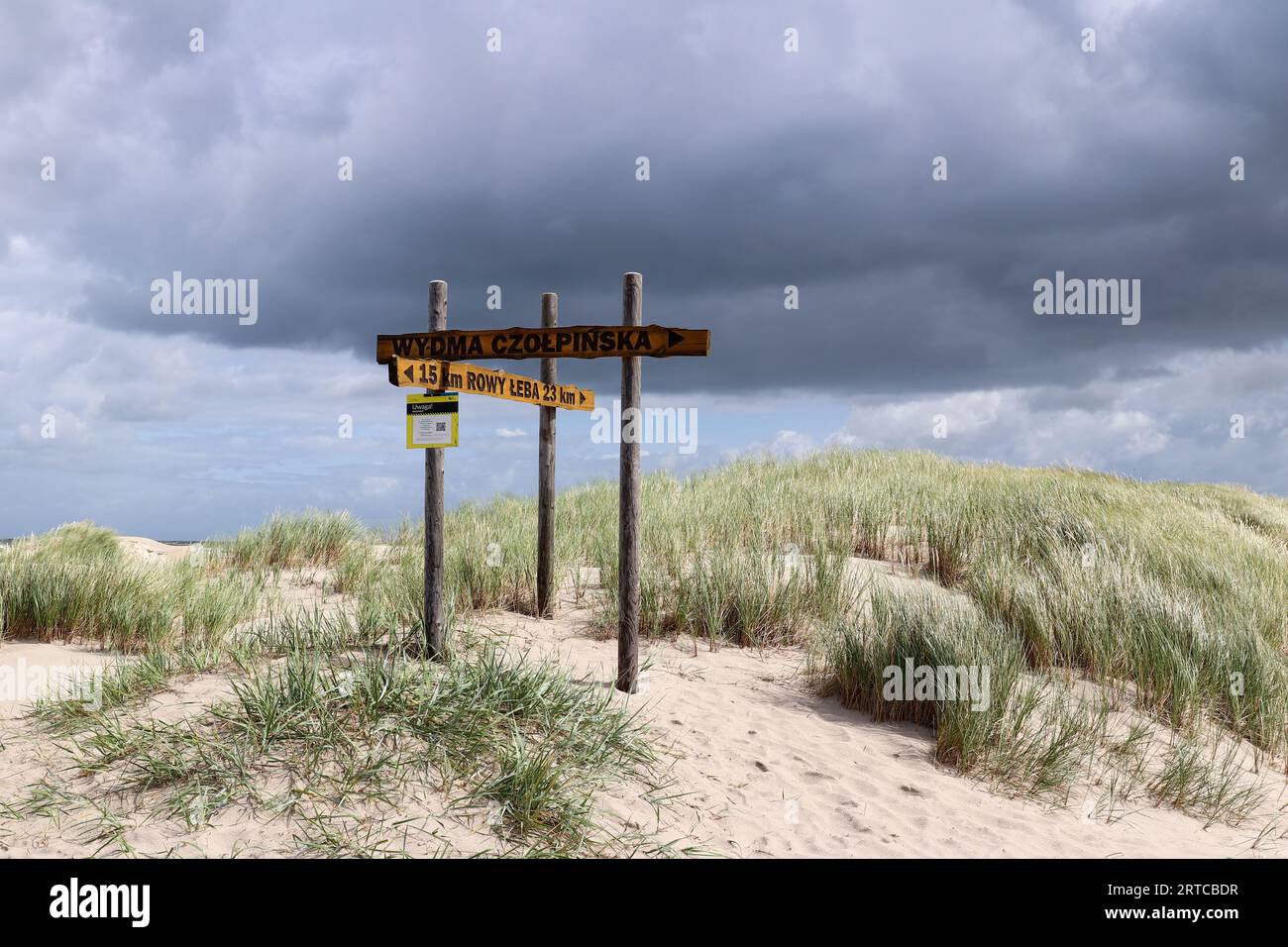 Sentiero turistico attraverso le dune vicino al villaggio di Czolpino nel Parco Nazionale Slovacco, in Polonia Foto Stock