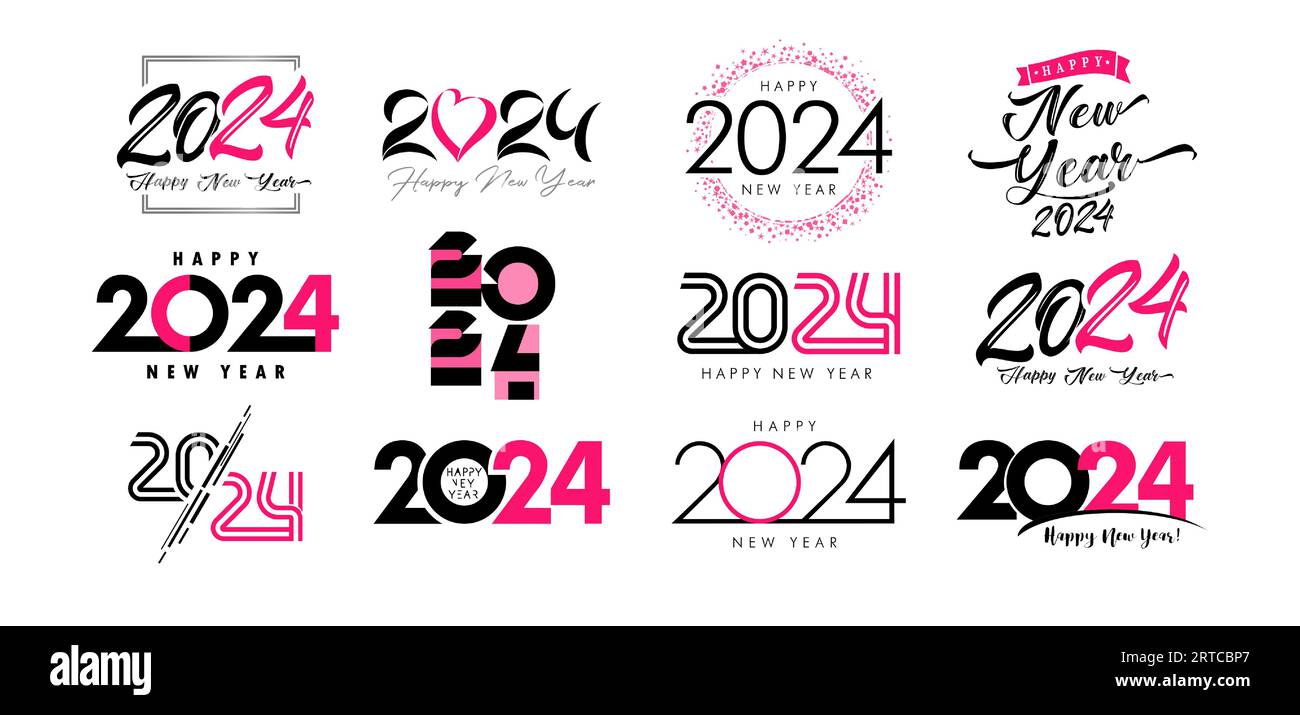 Super set di Happy New Year 2024 con logo in colore rosa. Design del numero di festività di Capodanno per banner, biglietti di auguri o inviti. Icone vettoriali Illustrazione Vettoriale