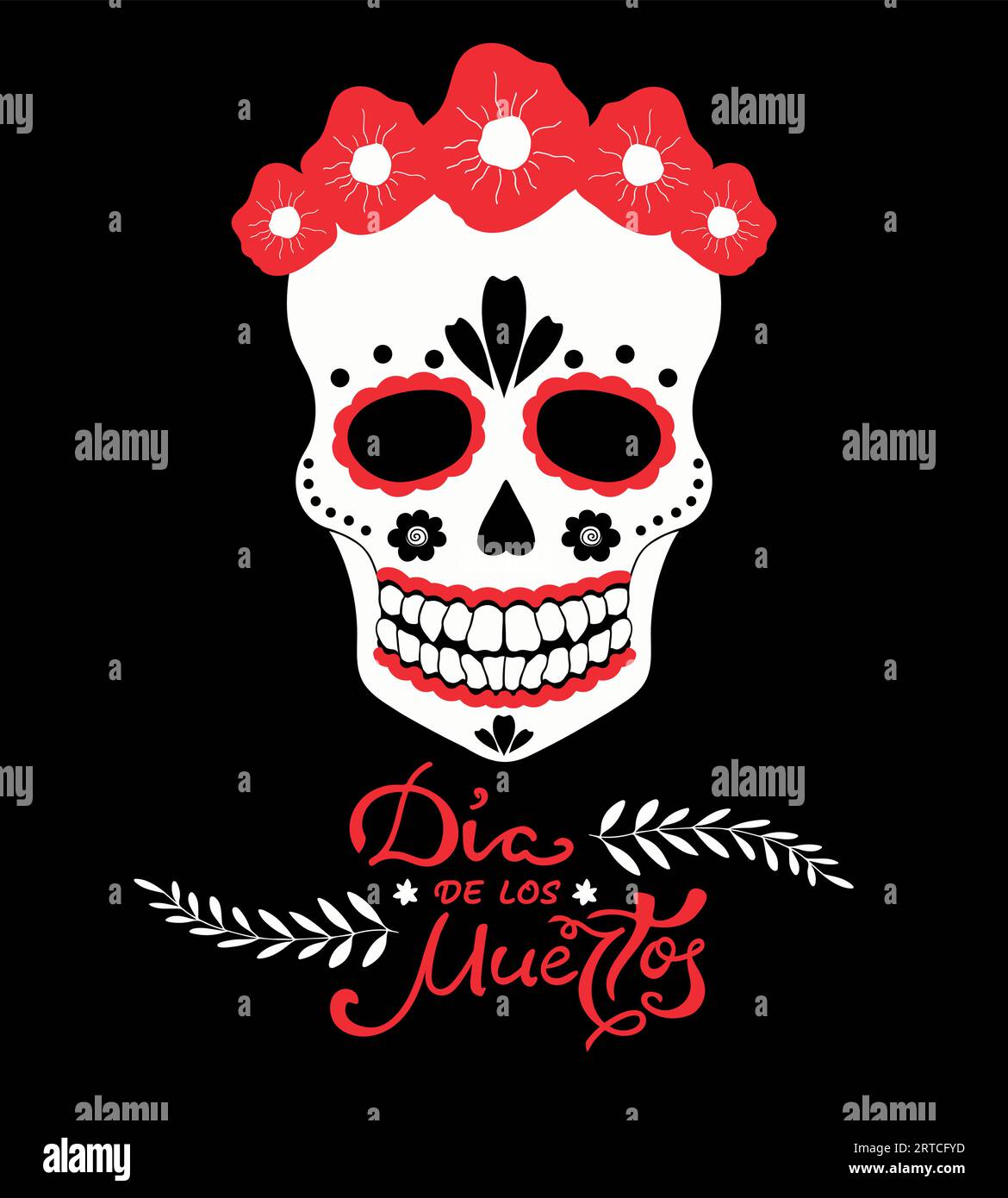 Il giorno dei morti, poster tradizionale delle festività messicane dia de los Muertos. Teschio di zucchero con fiori rossi e scrittura a mano. Illustrazione vettoriale Illustrazione Vettoriale