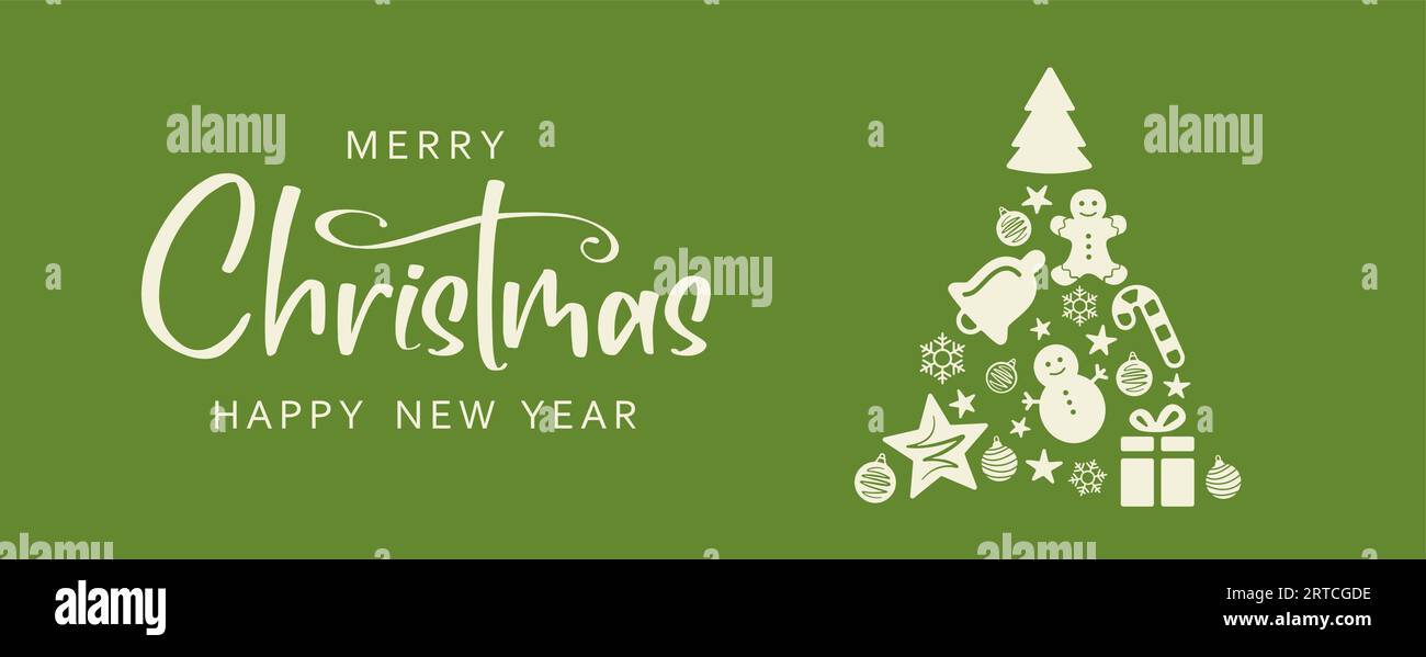Striscione con scritte di buon Natale e felice anno nuovo e albero di natale Illustrazione Vettoriale