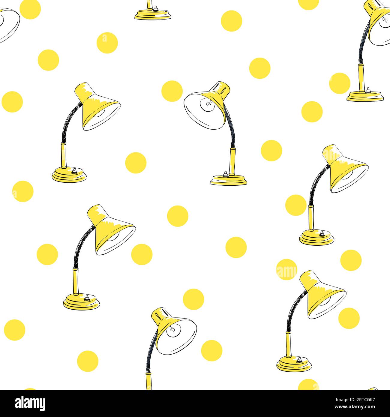 Motivo vettoriale senza cuciture con lampada da tavolo retrò gialla disegnata a mano su sfondo bianco e pois Illustrazione Vettoriale