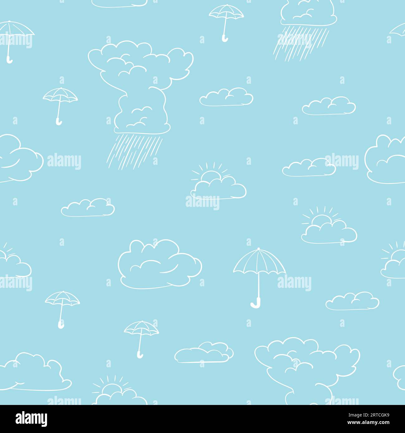 Motivo vettoriale senza cuciture con ombrelli semplici disegnati a mano e nuvole in stile line art bianco su sfondo blu, tema meteo Illustrazione Vettoriale