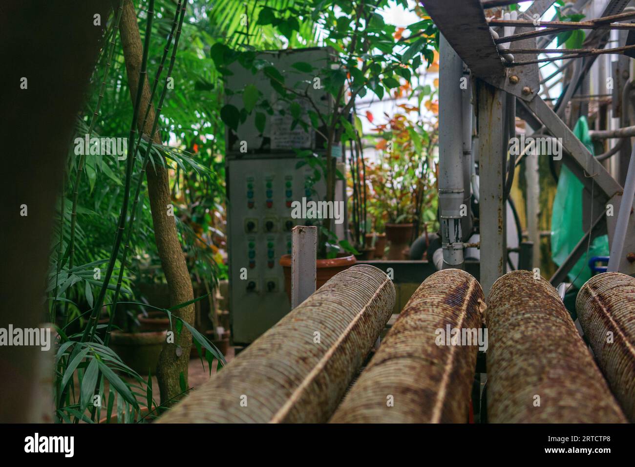 apparecchiature di riscaldamento in una vecchia grande serra Foto Stock