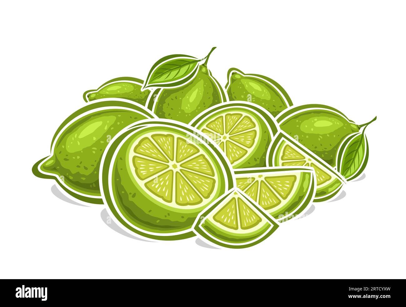 Logo vettoriale per Limes, poster orizzontale decorativo con disegno cartoni animati composizione STILL Life in lime verde fruttato, stampa frutta con molti intagli e tritati Illustrazione Vettoriale