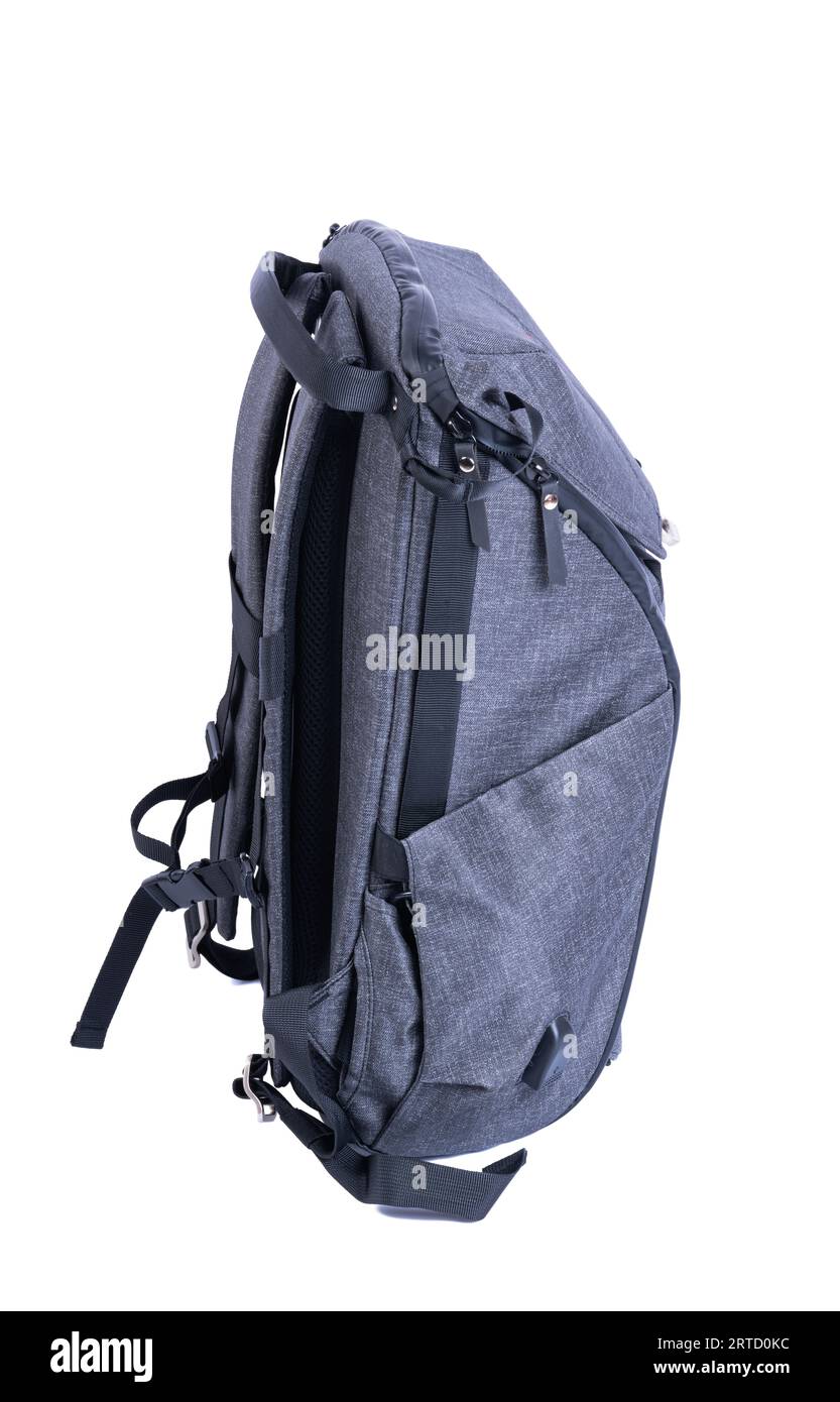 zaino grigio isolato su sfondo bianco Foto Stock