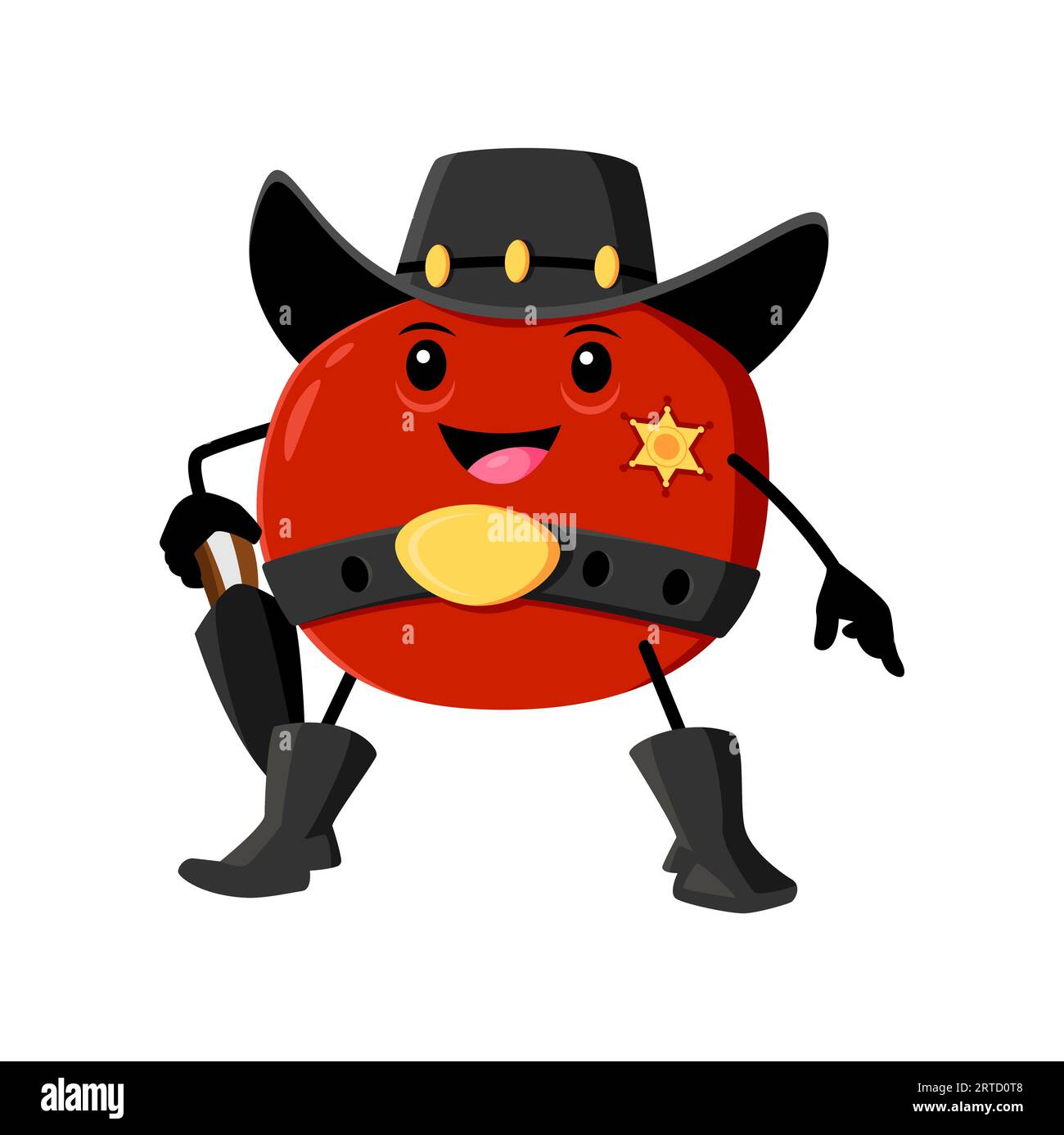 Personaggio dello sceriffo cowboy Cartoon Garnet Fruit. Melograno vettoriale con stemma a stella su cappello, stivali e pistola sulla cintura con fibbia. Wild West texas ranger vi Illustrazione Vettoriale