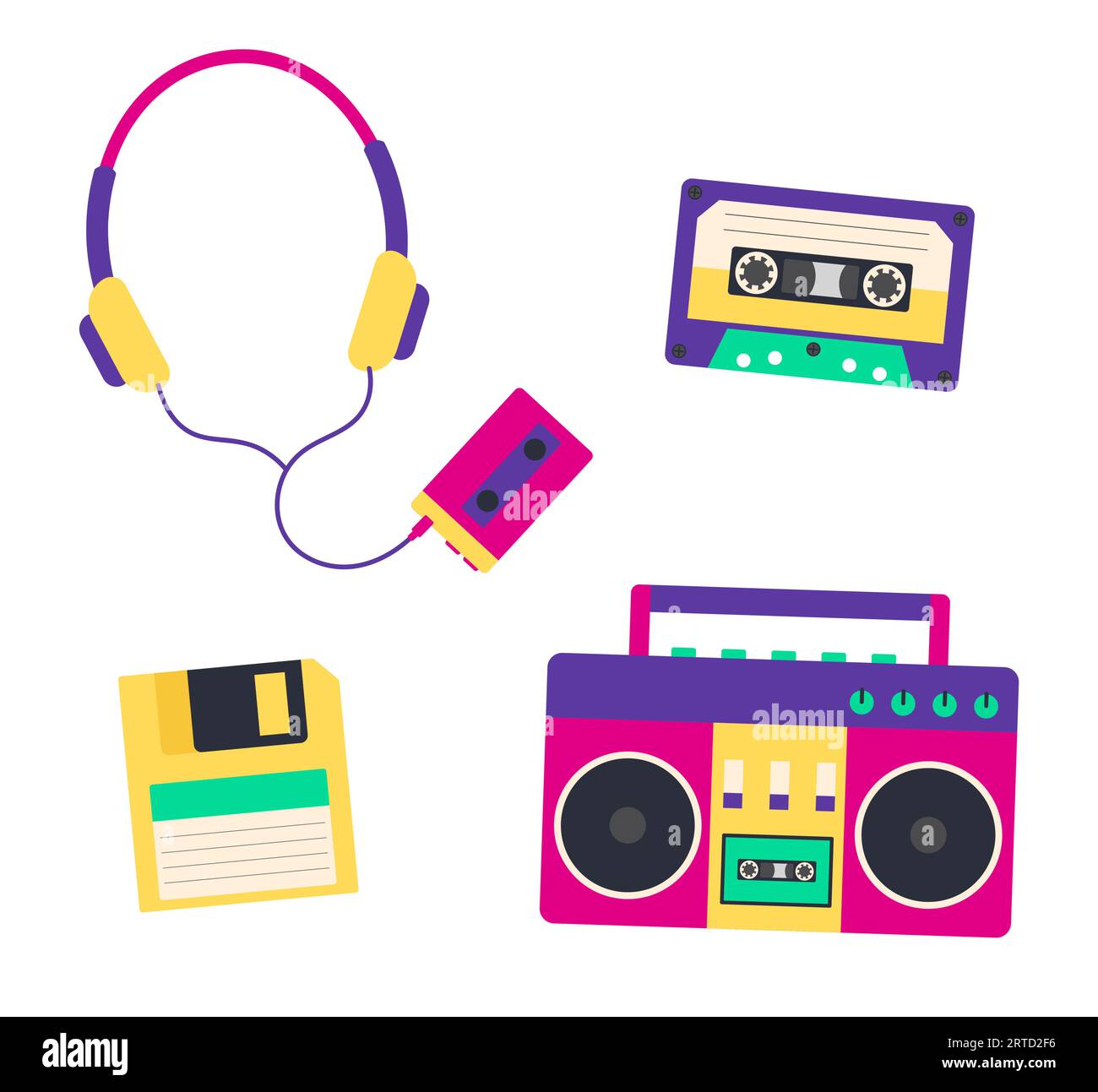 Elementi musicali degli anni '90. Insieme di oggetti isolati. Illustrazione di Vector Flat Illustrazione Vettoriale