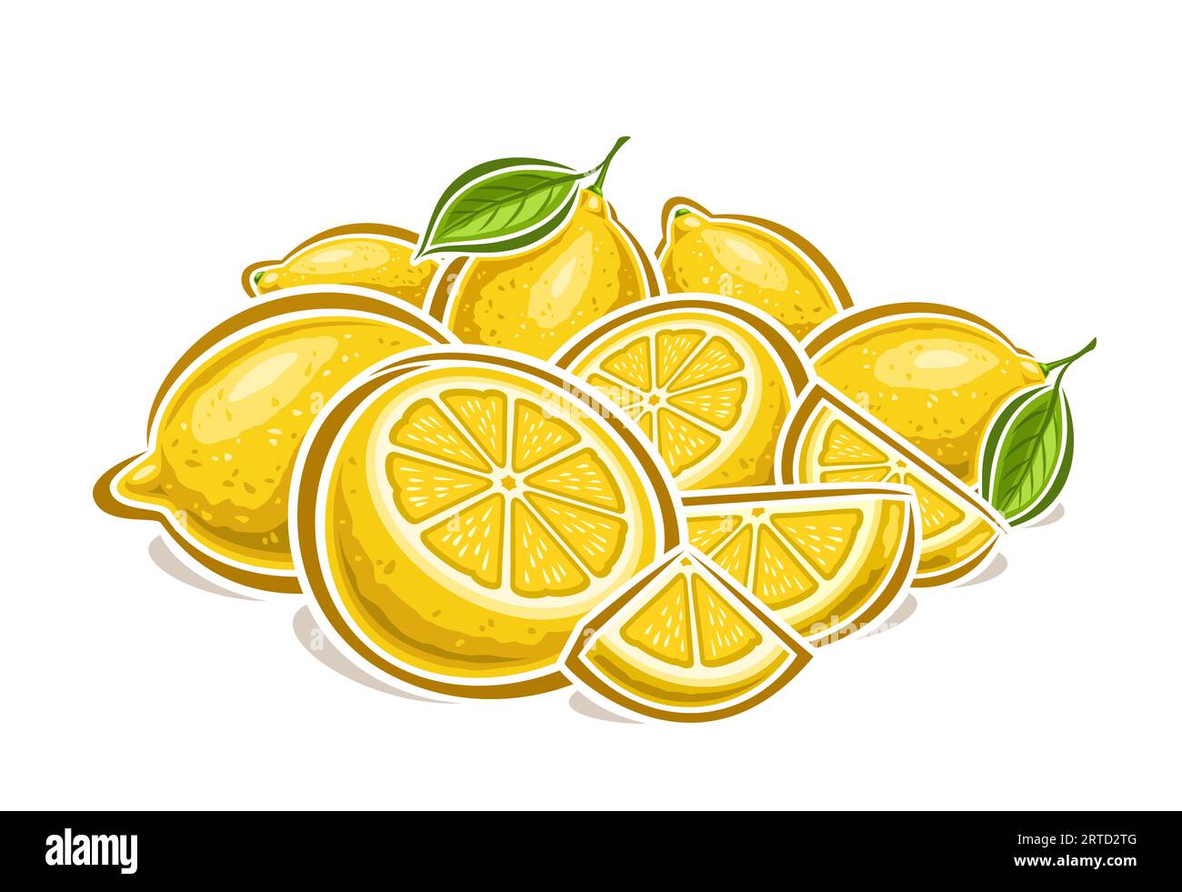 Logo vettoriale per i limoni, poster decorativo orizzontale con disegno a cartoni animati composizione "natura morta" al limone fruttato, stampa alla frutta con molti pezzi interi e tagliati Illustrazione Vettoriale