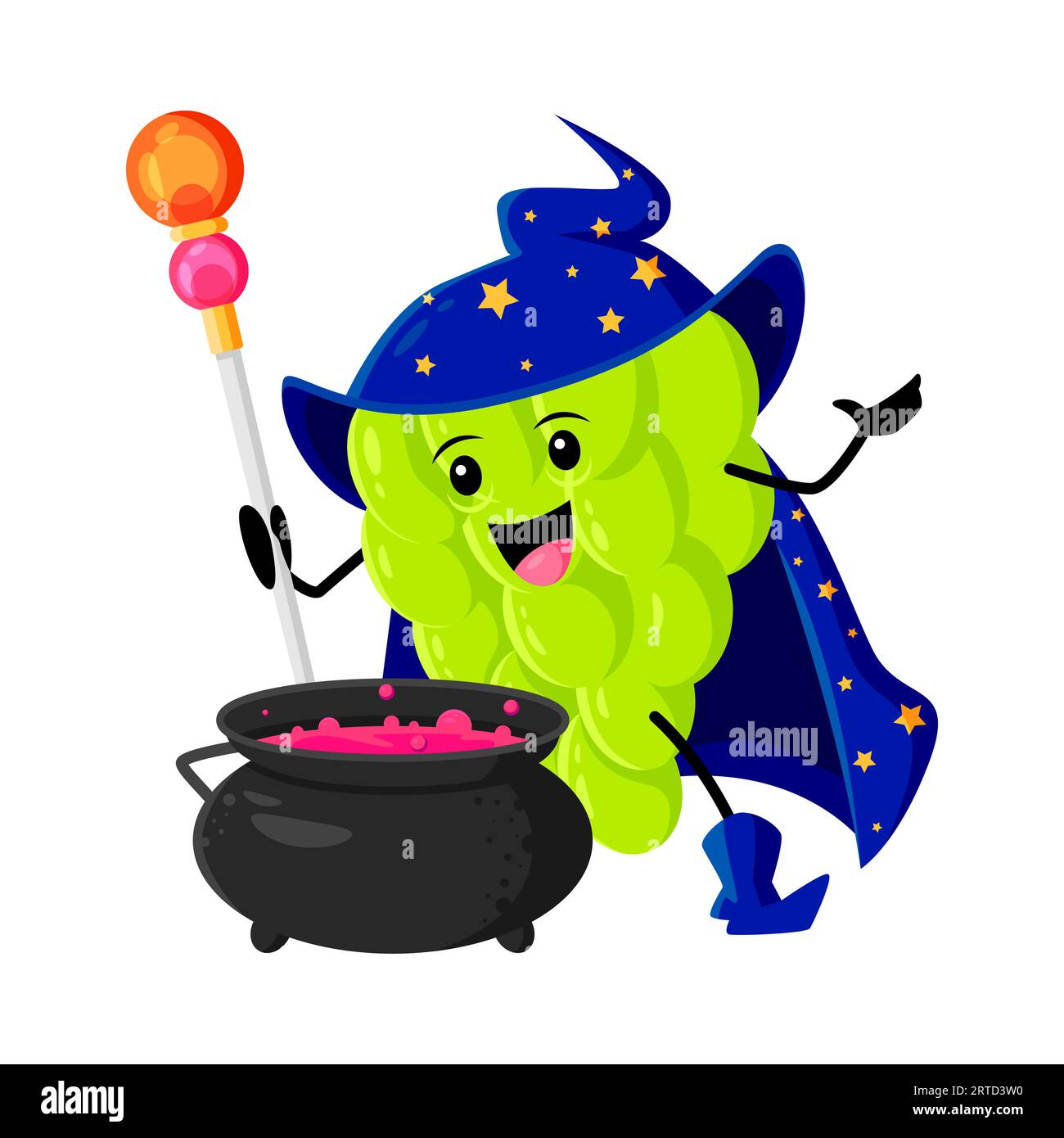 Cartoni animati Grapes Fruit Wizard o personaggio mago che produce pozione magica nel calderone. Divertente personaggio di Halloween vettoriale dello stregone di uva verde maturo in witc Illustrazione Vettoriale
