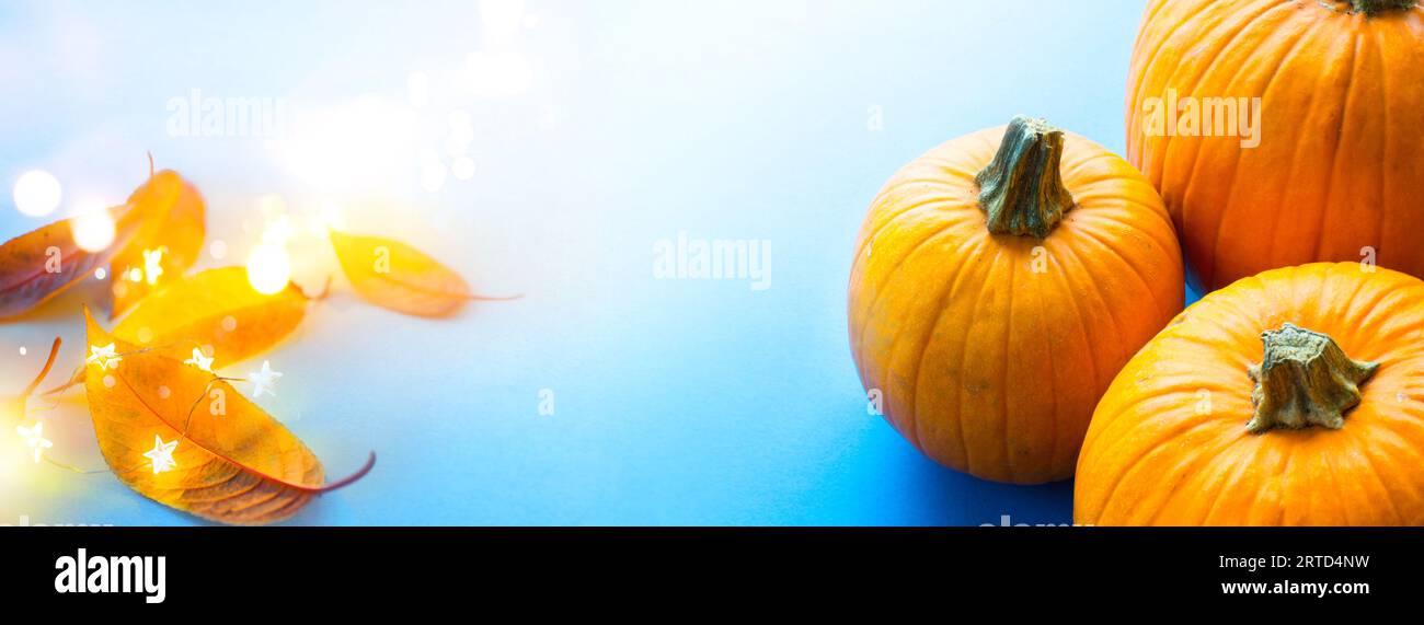 festa di ringraziamento banner o biglietto di auguri sfondo con zucca autunnale e foglie autunnali su sfondo blu Foto Stock